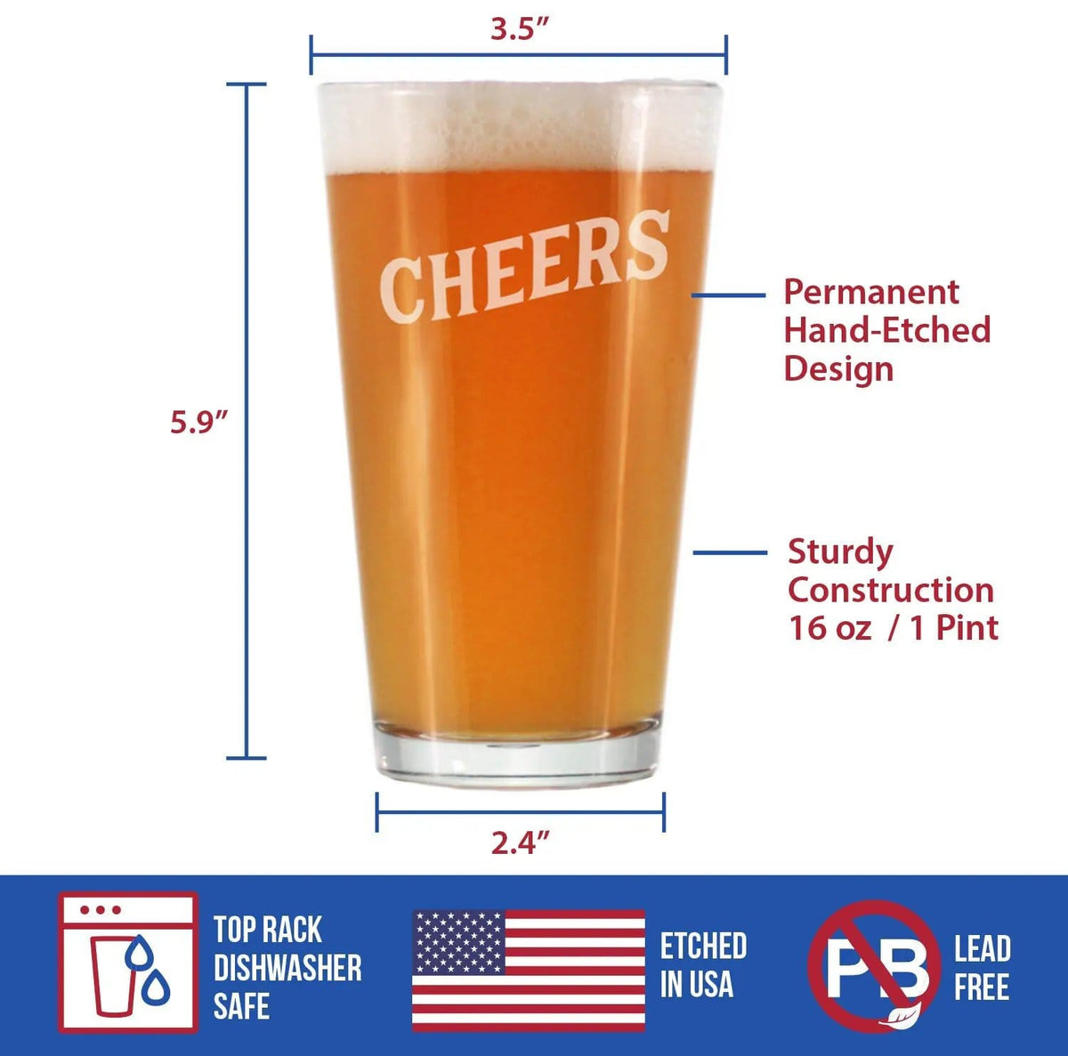 Etched Pint Glass | 16 oz Beer Glass | Dishwasher Safe | Cheers