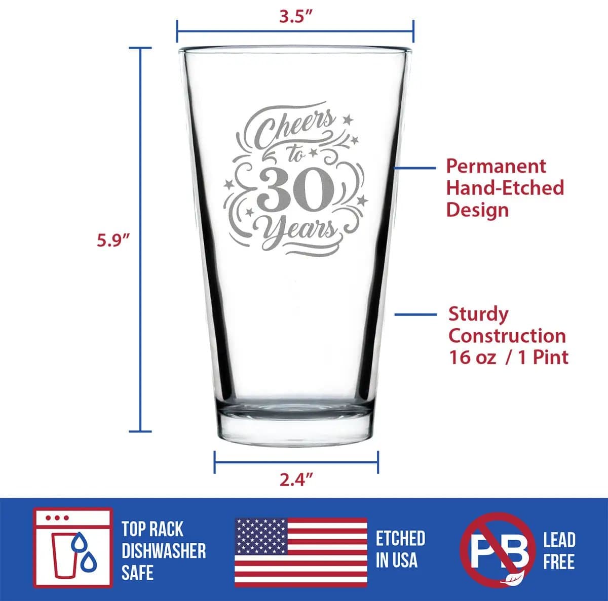 Etched Pint Glass | 16 oz Beer Glass | Dishwasher Safe | Cheers to 30 Years