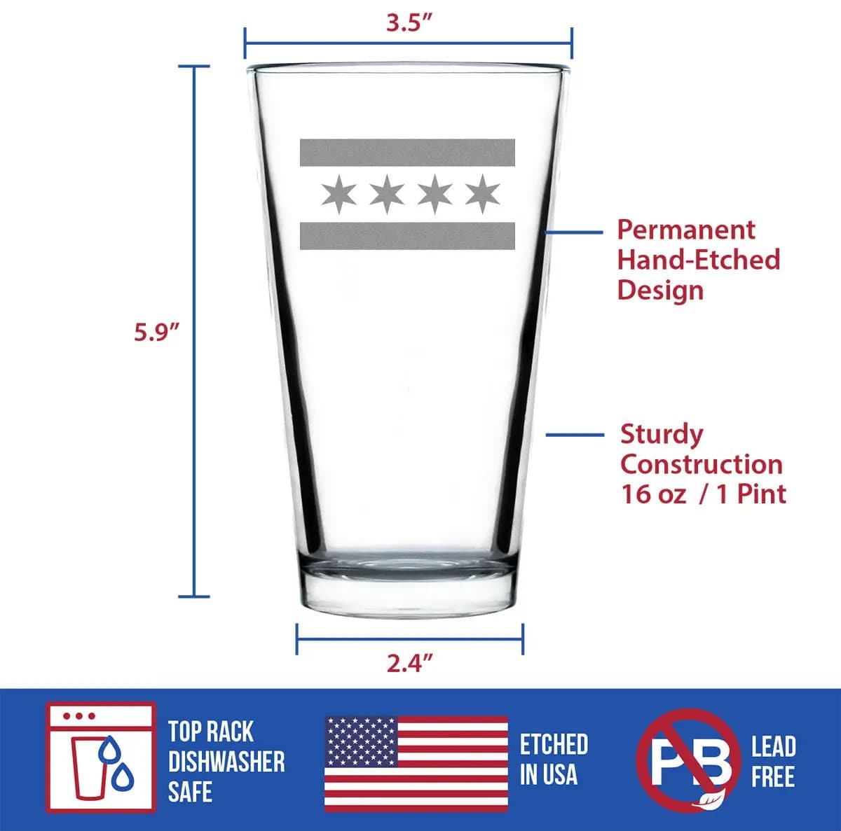 Etched Pint Glass | 16 oz Beer Glass | Dishwasher Safe | Chicago Flag Fun