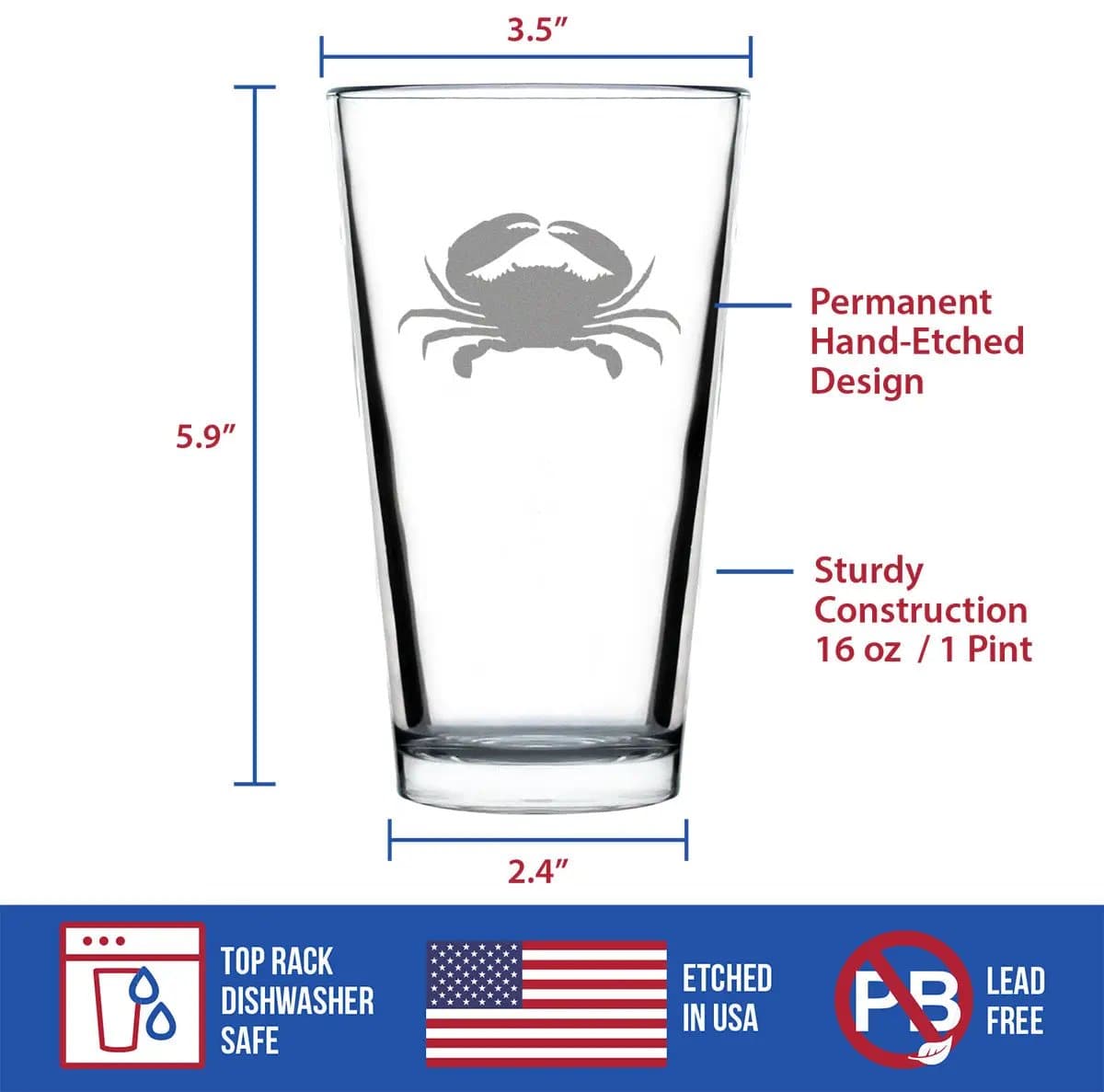 Etched Pint Glass | 16 oz Beer Glass | Dishwasher Safe | Crab - Cute Nautical Theme Gifts for Beach House