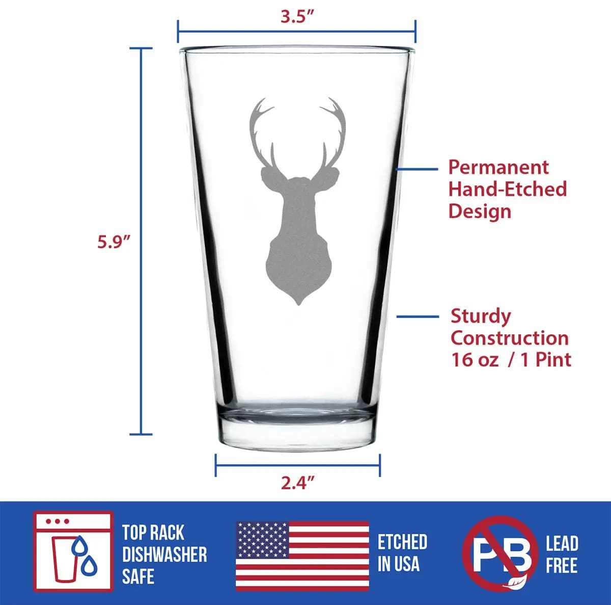 Etched Pint Glass | 16 oz Beer Glass | Dishwasher Safe | Deer Head