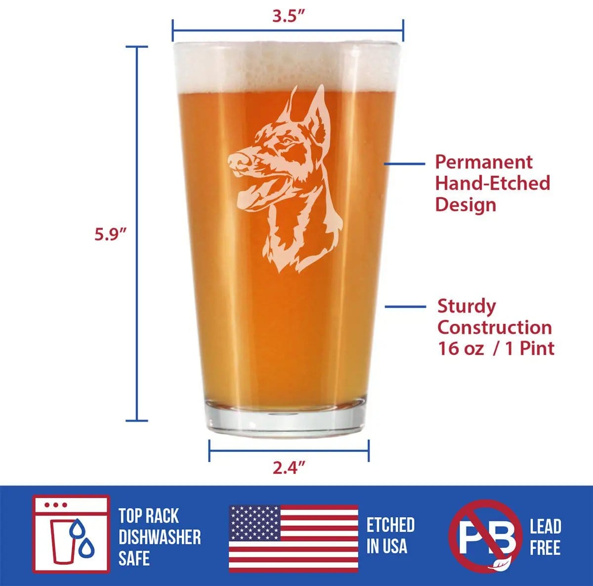 Etched Pint Glass | 16 oz Beer Glass | Dishwasher Safe | Doberman Face