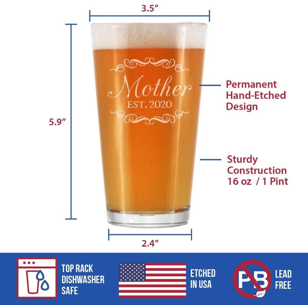 Etched Pint Glass | 16 oz Beer Glass | Dishwasher Safe | Mother Est. 2020