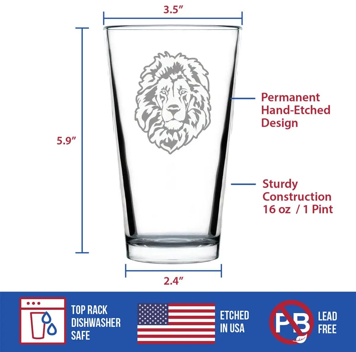 Etched Pint Glass | 16 oz Beer Glass | Dishwasher Safe | Lion