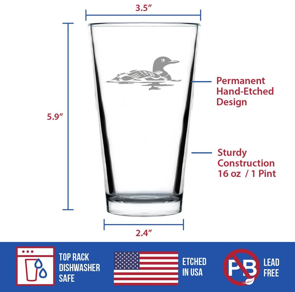 Etched Pint Glass | 16 oz Beer Glass | Dishwasher Safe | Loon