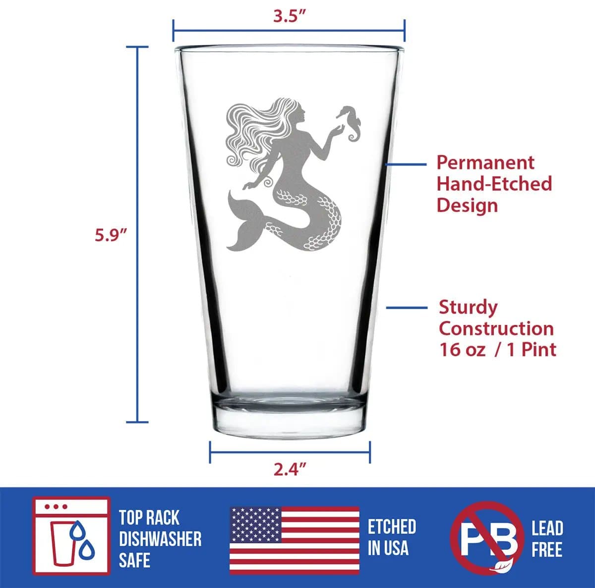 Etched Pint Glass | 16 oz Beer Glass | Dishwasher Safe | Mermaid