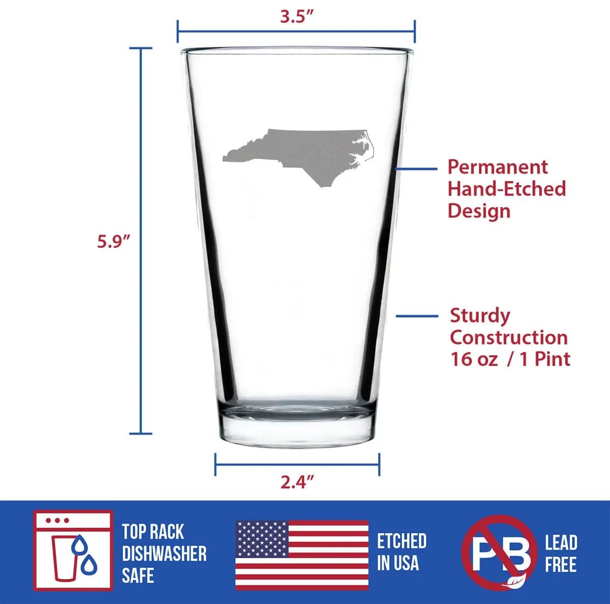 Etched Pint Glass | 16 oz Beer Glass | Dishwasher Safe | North Carolina State Outline
