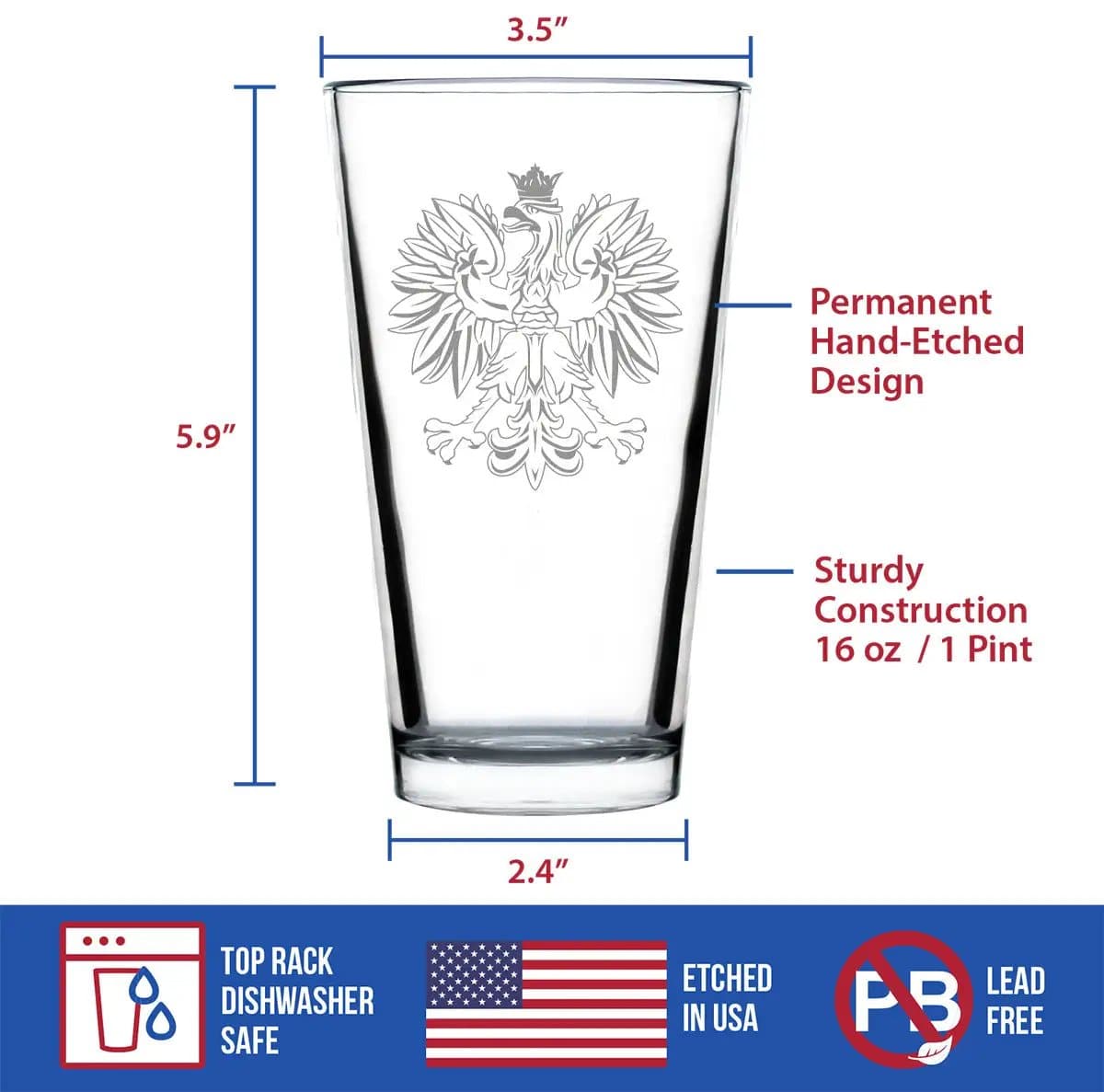 Etched Pint Glass | 16 oz Beer Glass | Dishwasher Safe | Polish Eagle - Engraved