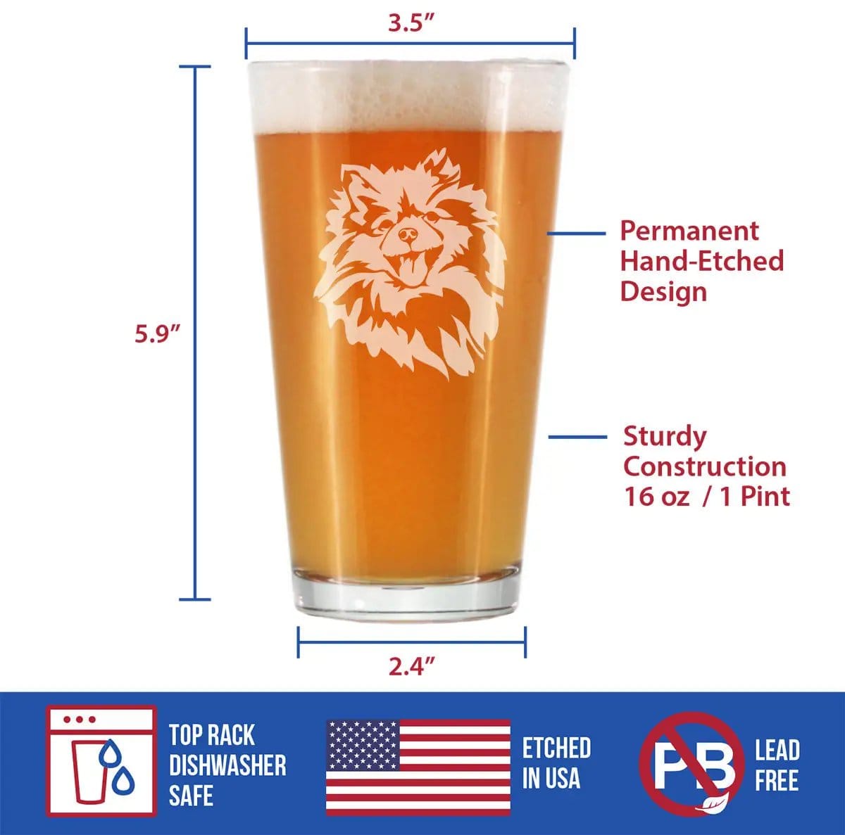 Etched Pint Glass | 16 oz Beer Glass | Dishwasher Safe | Pomeranian Face