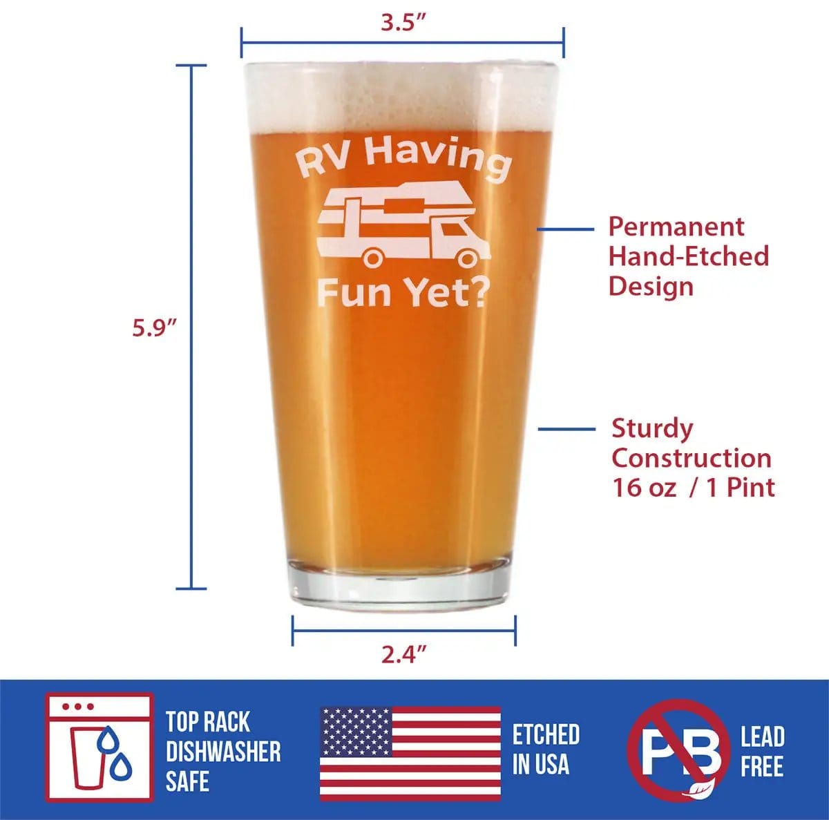 Etched Pint Glass | 16 oz Beer Glass | Dishwasher Safe | RV Having Fun Yet