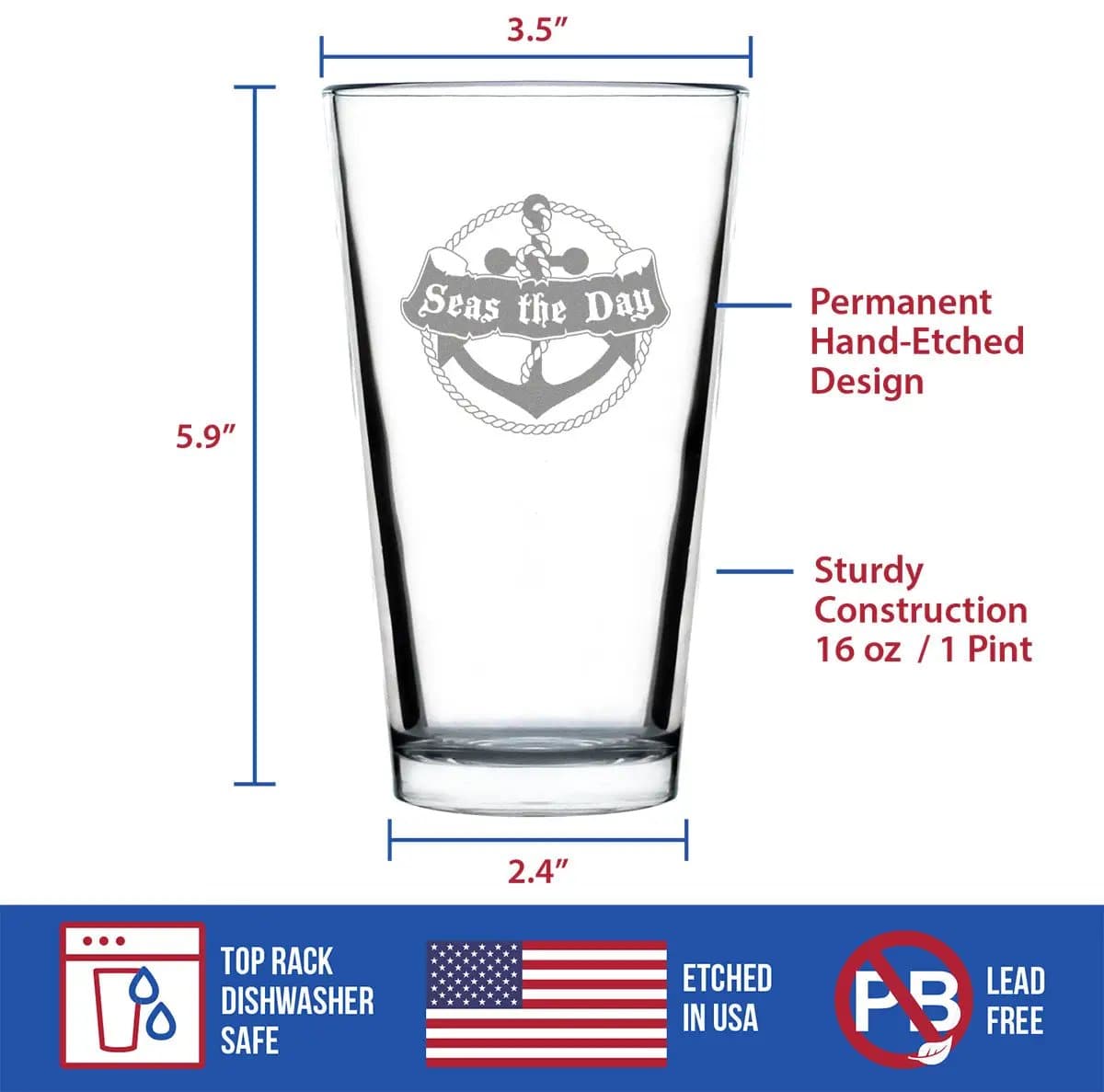 Etched Pint Glass | 16 oz Beer Glass | Dishwasher Safe | Seas the Day