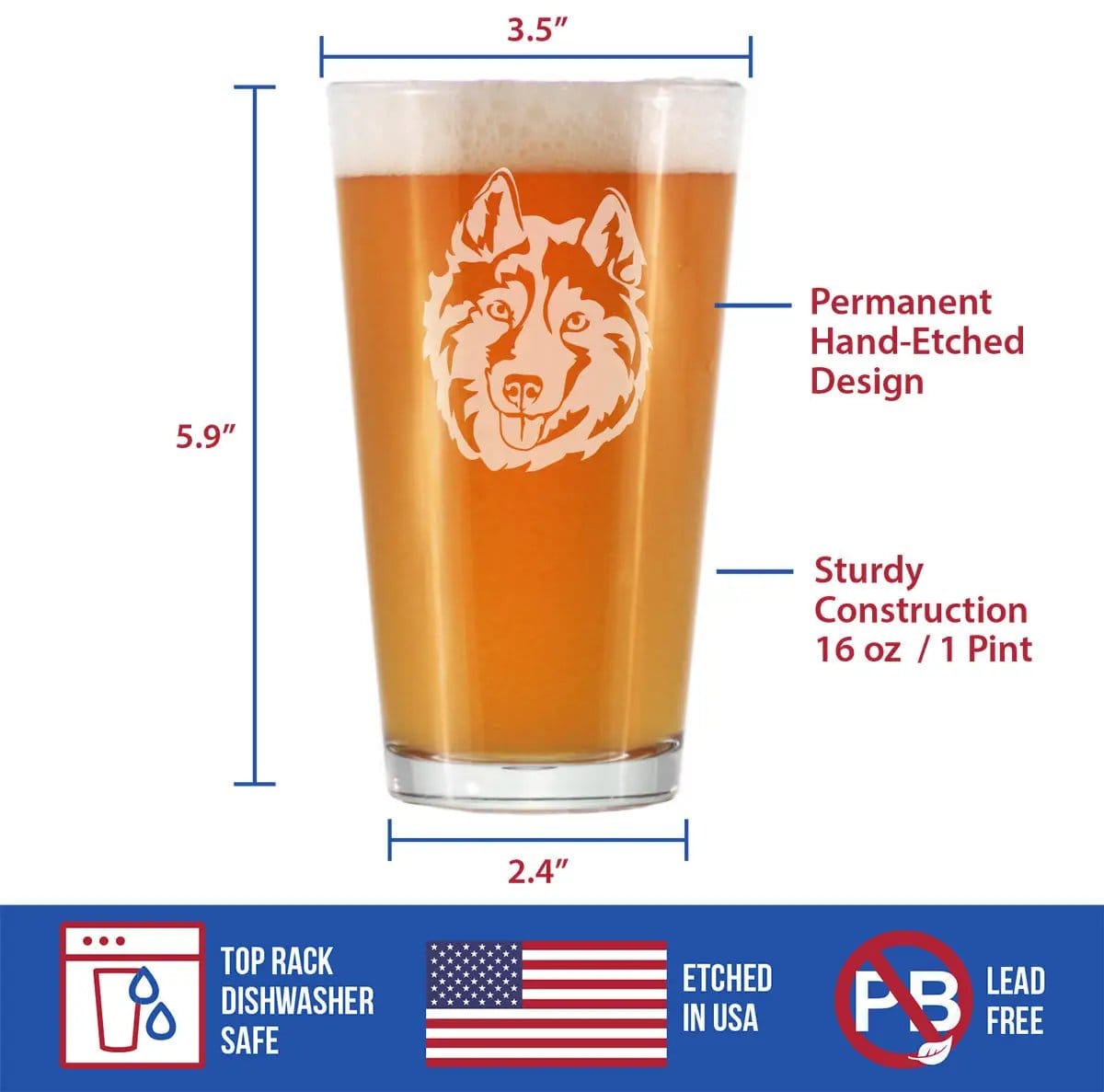 Etched Pint Glass | 16 oz Beer Glass | Dishwasher Safe | Siberian Husky Face