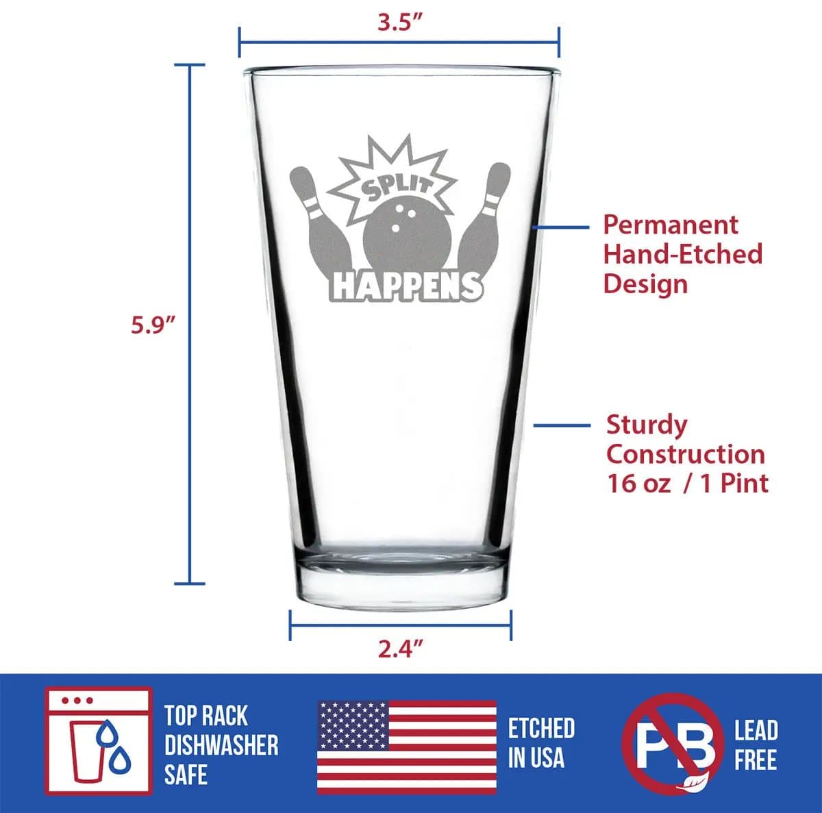 Etched Pint Glass | 16 oz Beer Glass | Dishwasher Safe | Split Happens