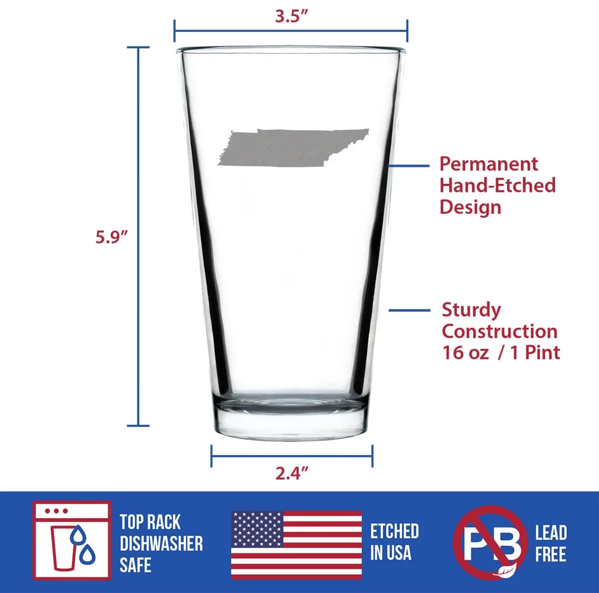 Etched Pint Glass | 16 oz Beer Glass | Dishwasher Safe | Tennessee State Outline