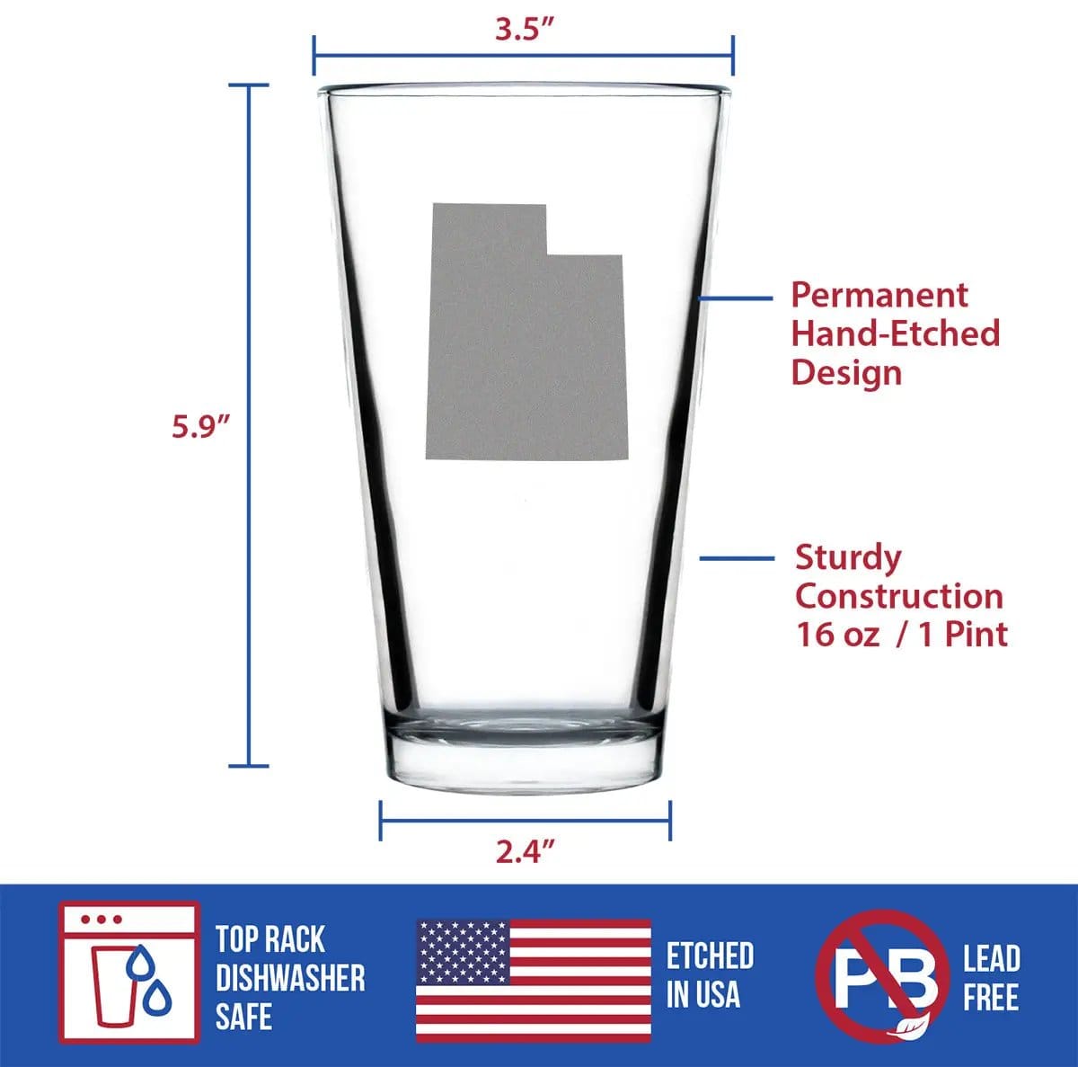 Etched Pint Glass | 16 oz Beer Glass | Dishwasher Safe | Utah State Outline