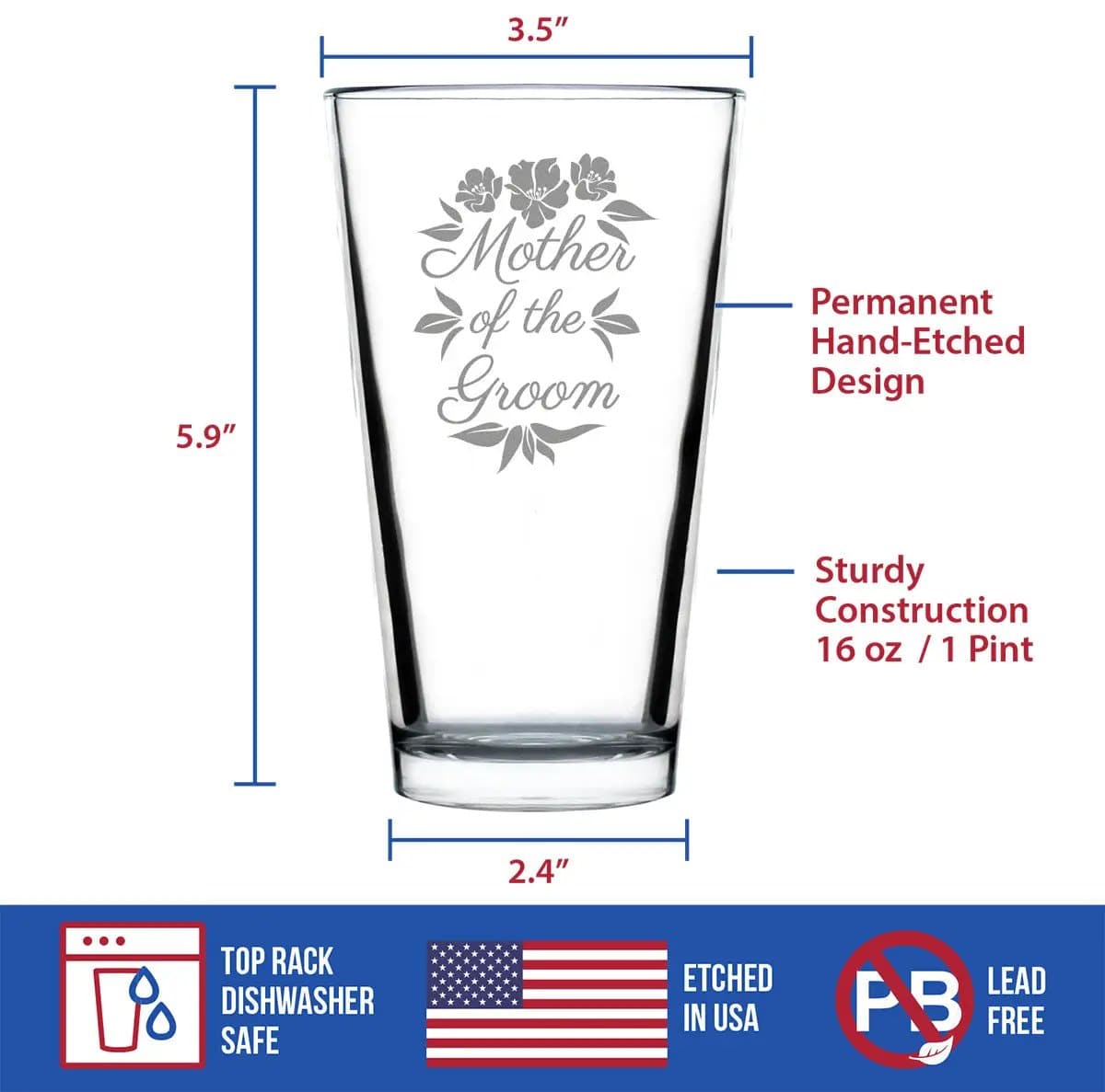 Etched Pint Glass | 16 oz Beer Glass | Dishwasher Safe | Mother of the Groom