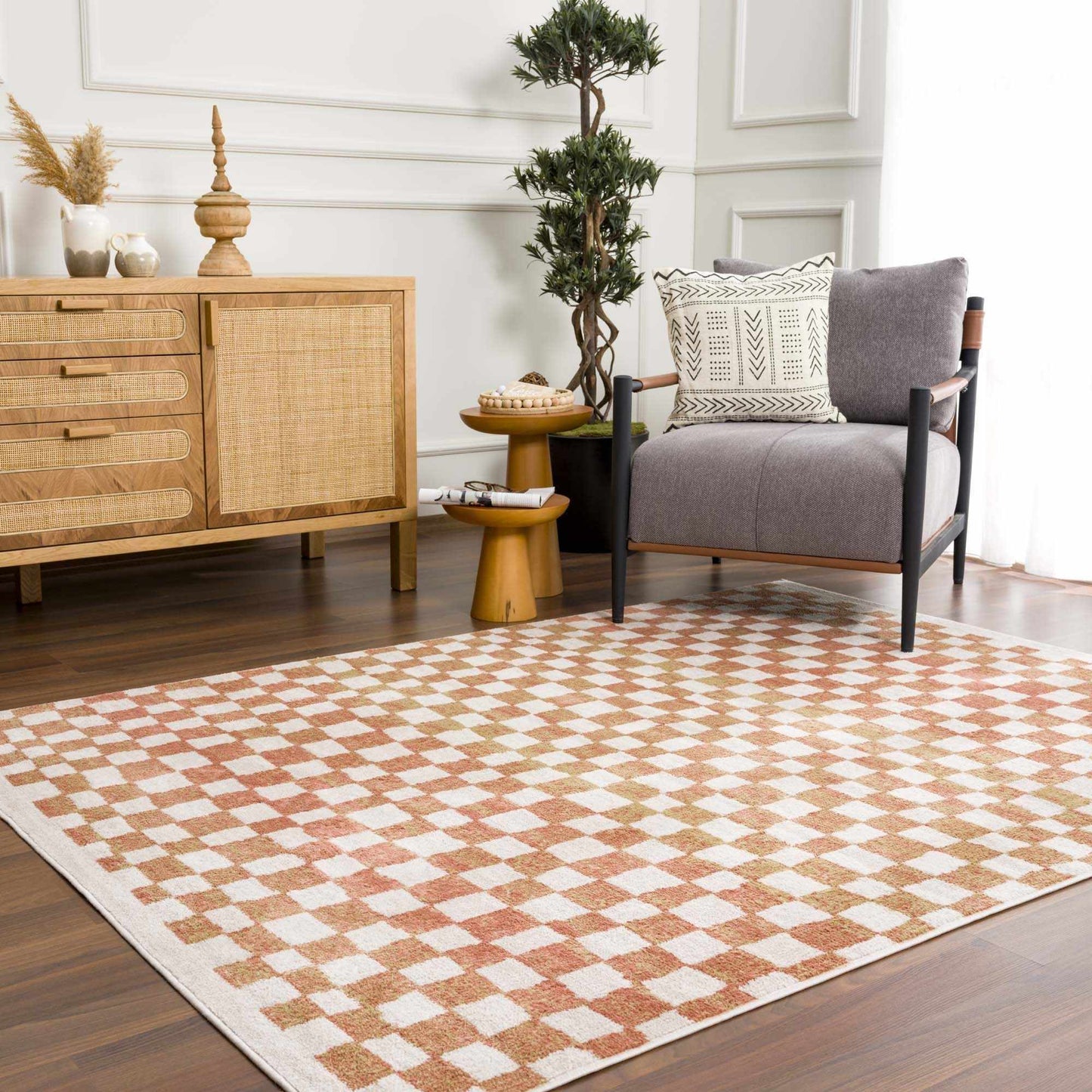 Benjy Cream & Salmon Checkered Area Rug from PriceLows™