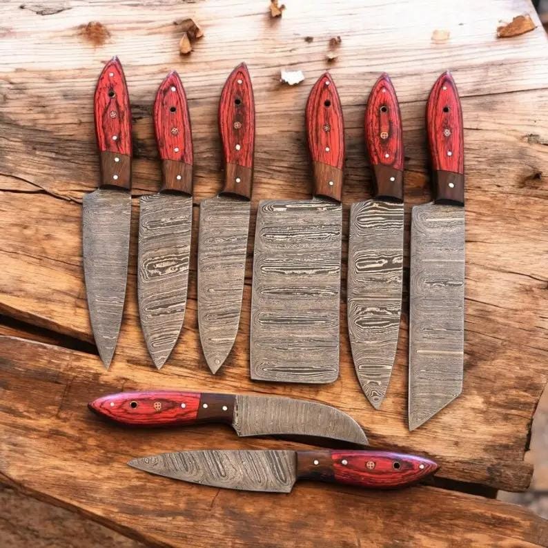 Custom Kitchen Knives Set Hand Forged Damascus Steel with Rosewood & Pakkawood | Damascus Steel | Home Use | Home