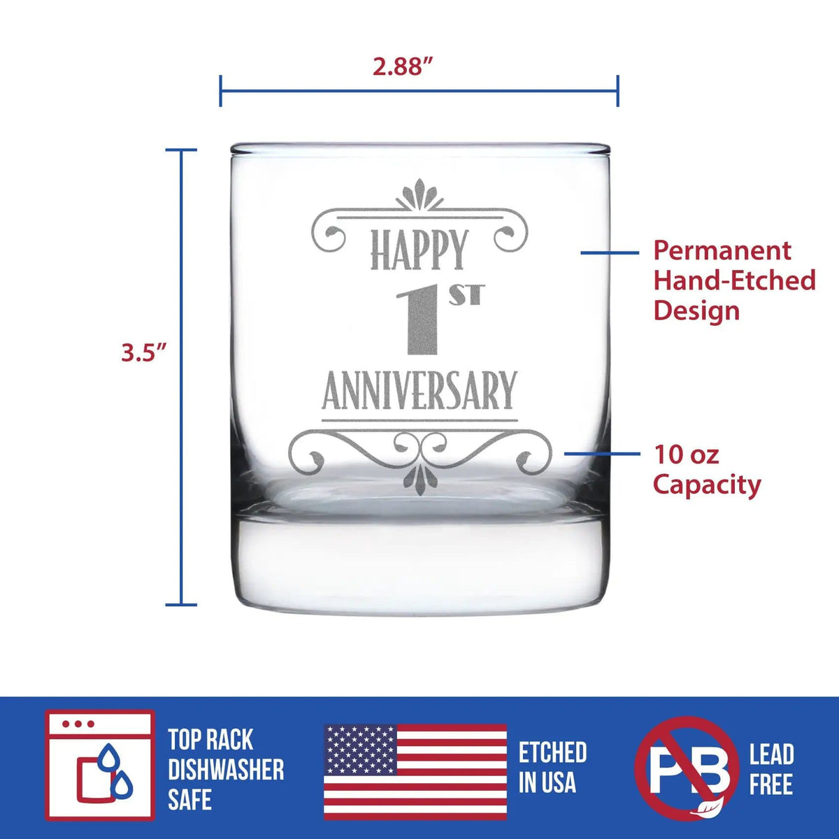 Etched Rocks Glass | 10.25 oz Whiskey Glass | Dishwasher Safe | Happy 1st Anniversary Engraved