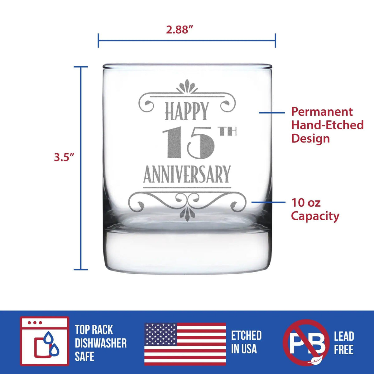 Etched Rocks Glass | 10.25 oz Whiskey Glass | Dishwasher Safe | Happy 15th Anniversary Engraved