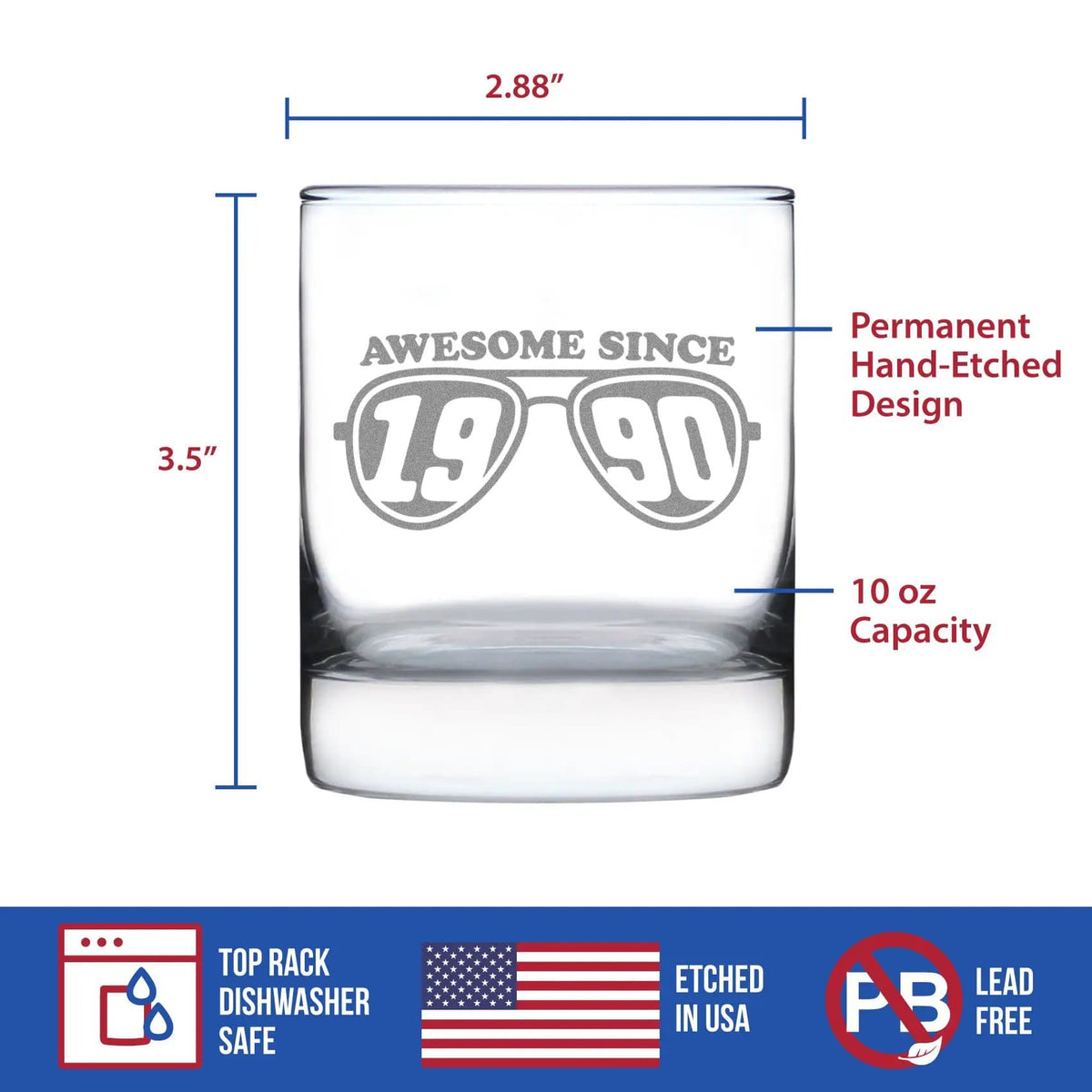 Etched Rocks Glass | 10.25 oz Whiskey Glass | Dishwasher Safe | Awesome Since 1990 Engraved