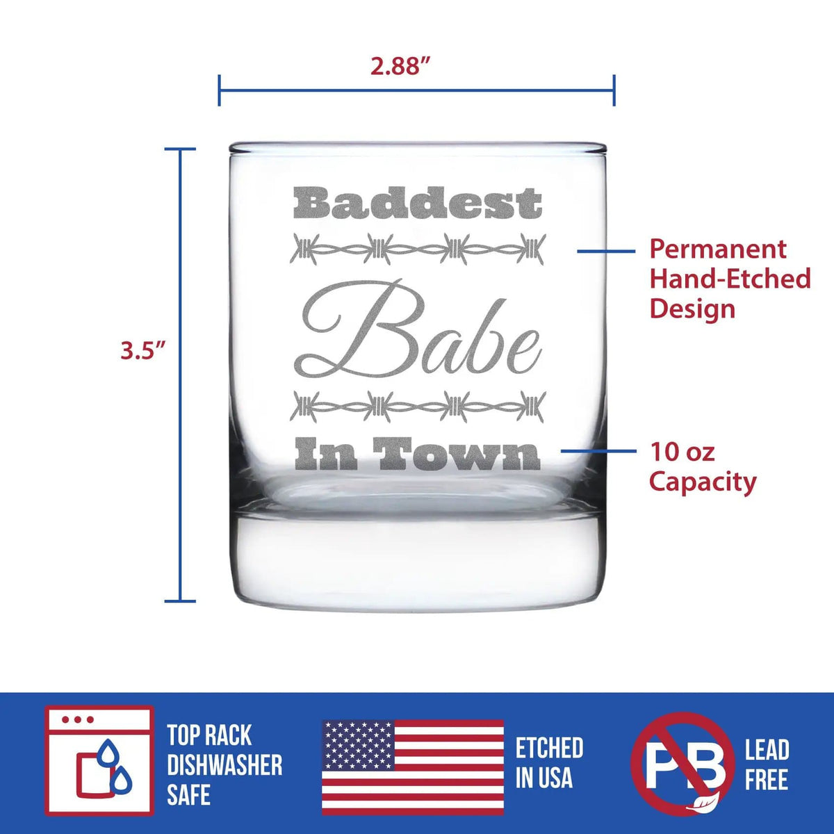 Etched Rocks Glass | 10.25 oz Whiskey Glass | Dishwasher Safe | Baddest Babe in Town Engraved