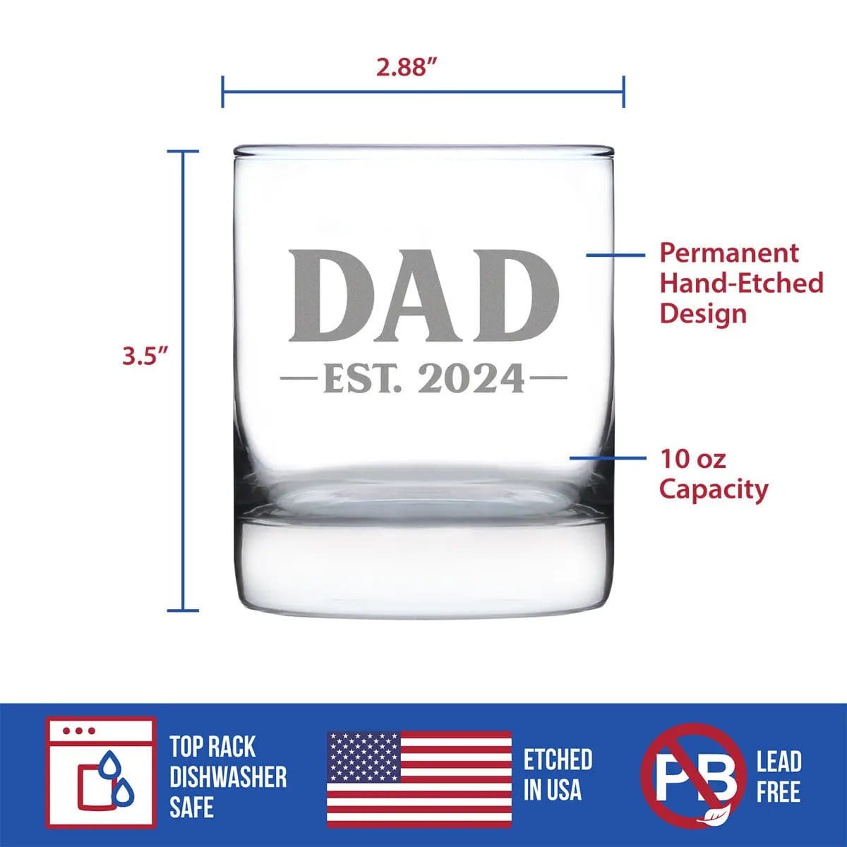Etched Rocks Glass | 10.25 oz Whiskey Glass | Dishwasher Safe | Dad Est 2024 - New Father (Style 2)
