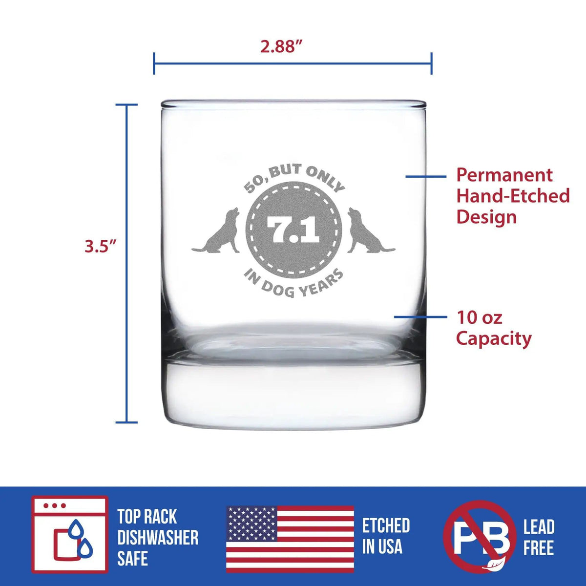 Etched Rocks Glass | 10.25 oz Whiskey Glass | Dishwasher Safe | 50th Birthday Dog Years