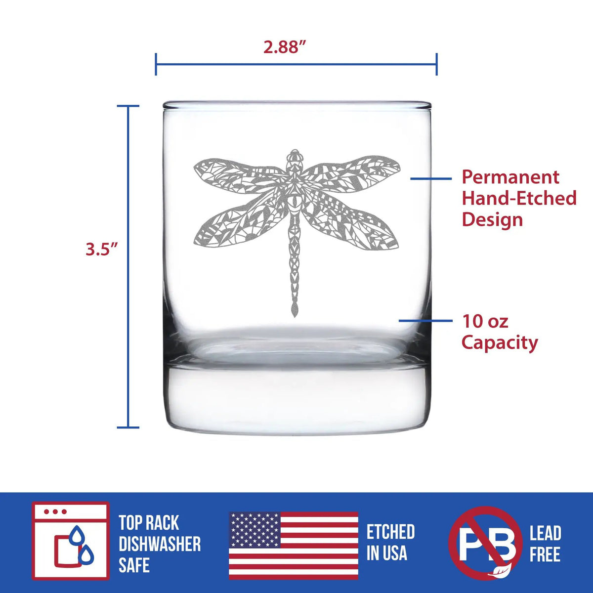 Dragonfly Whiskey Rocks Glass | Hand Etched | Clear Glass | 10 Ounce