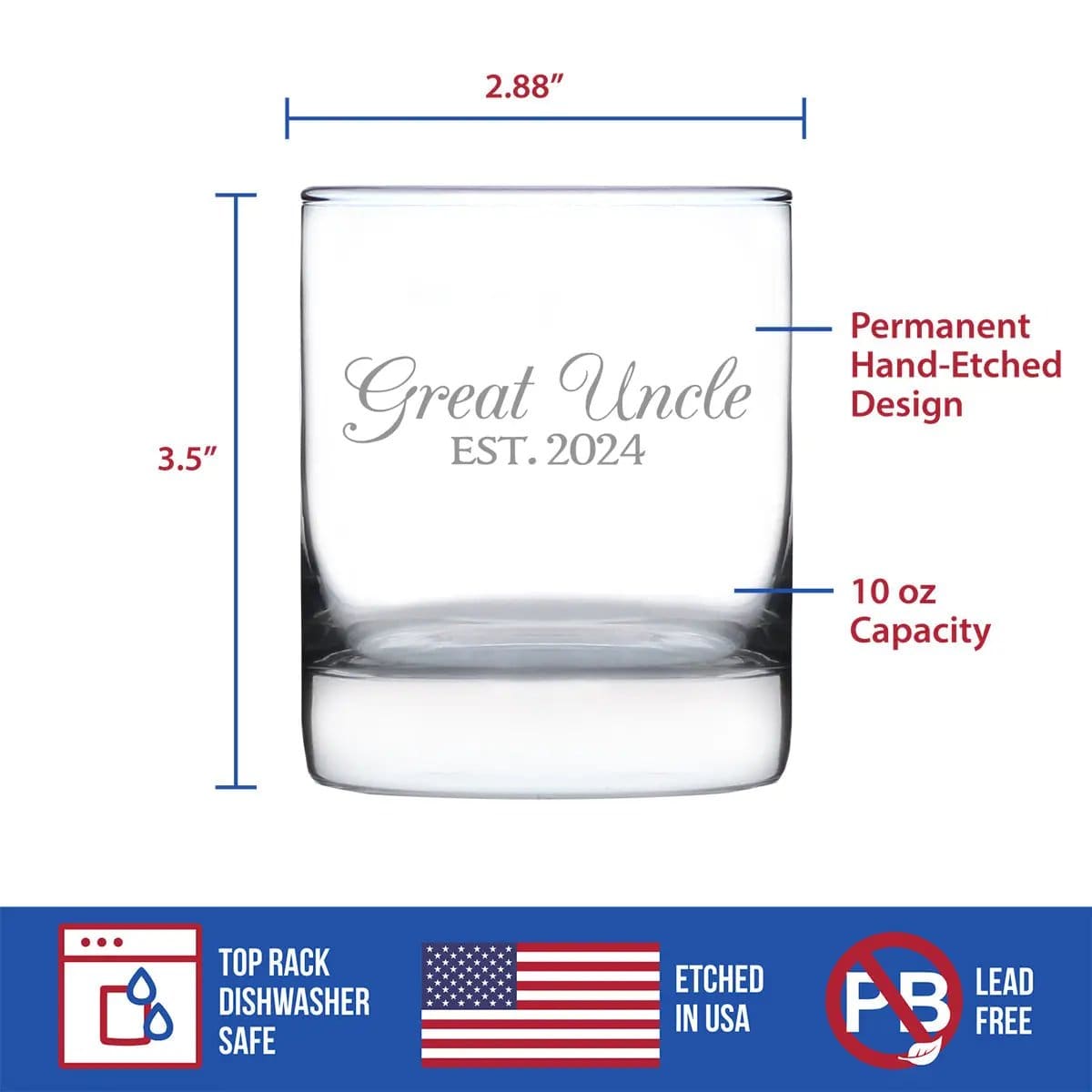 Etched Rocks Glass | 10.25 oz Whiskey Glass | Dishwasher Safe | Great Uncle Est 2024