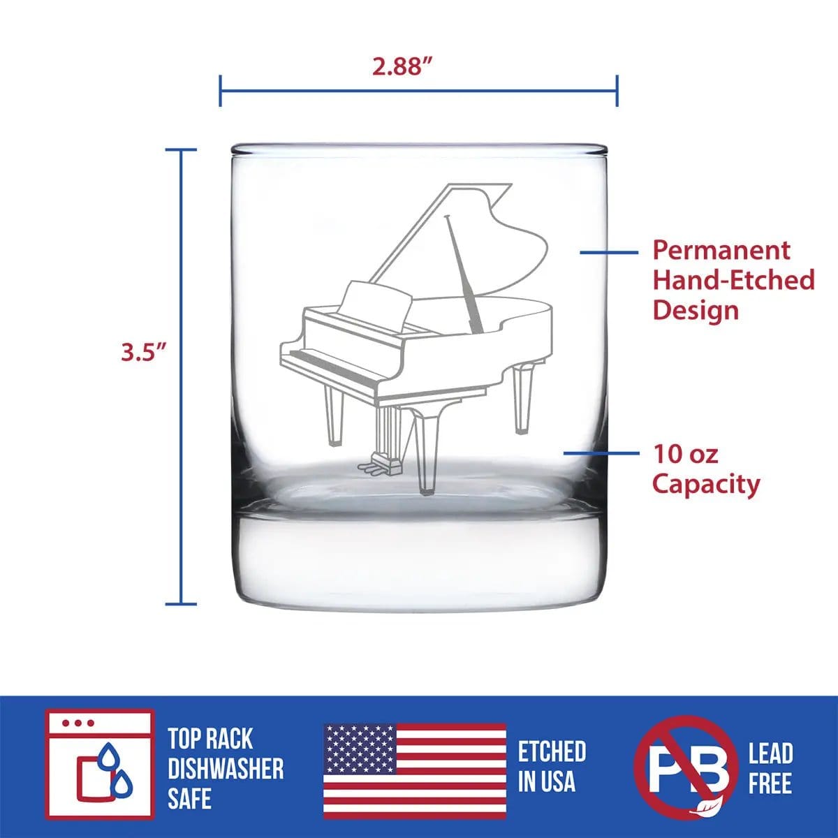 Etched Rocks Glass | 10.25 oz Whiskey Glass | Dishwasher Safe | Grand Piano