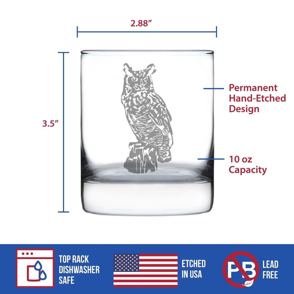 Etched Rocks Glass | 10.25 oz Whiskey Glass | Dishwasher Safe | Great Horned Owl Engraved