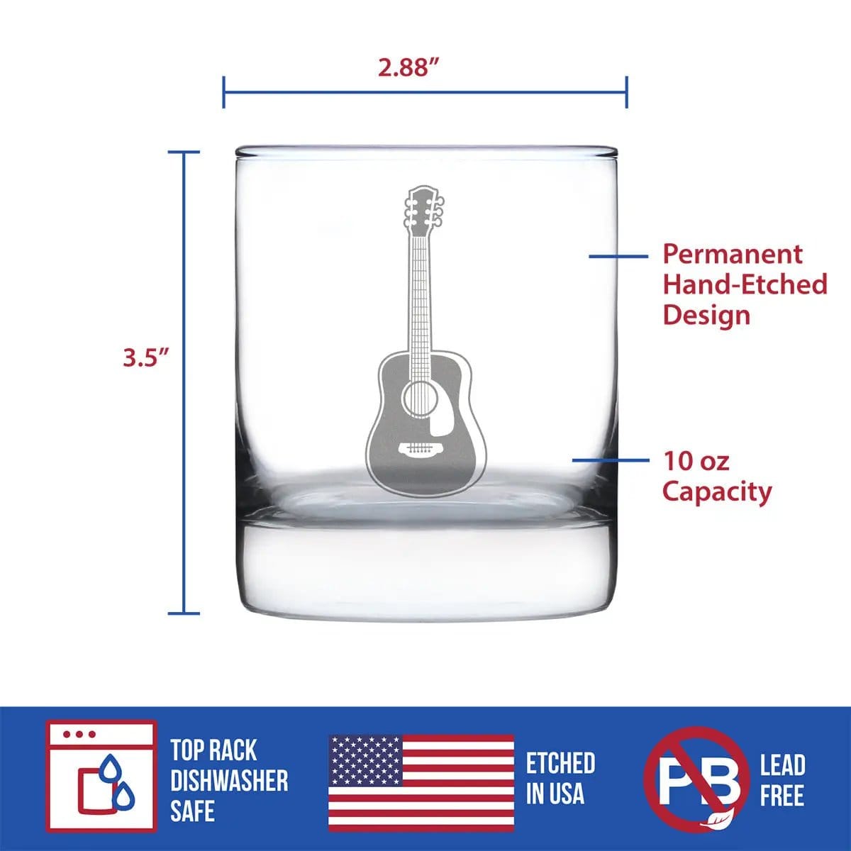 Etched Rocks Glass | 10.25 oz Whiskey Glass | Dishwasher Safe | Acoustic Guitar