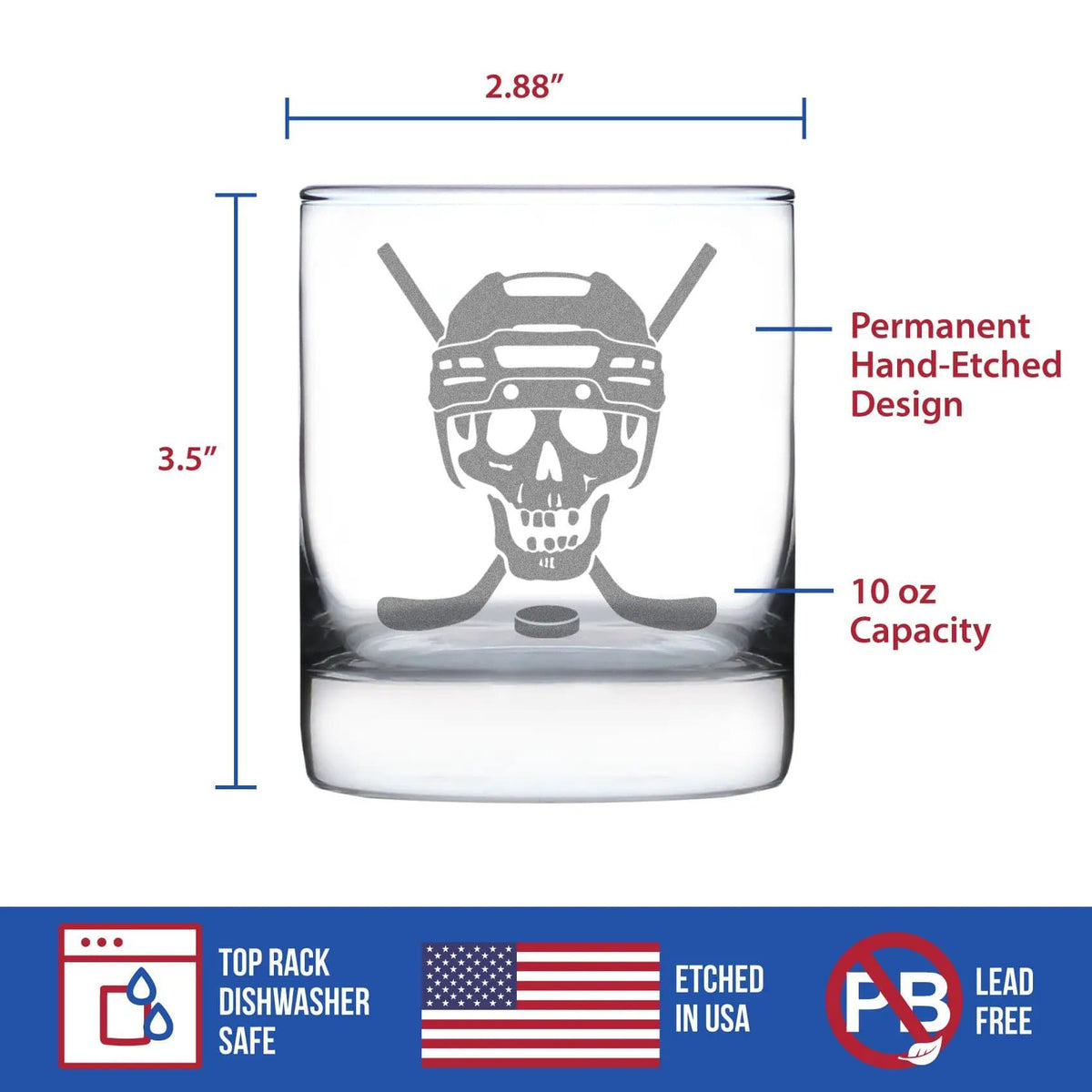 Etched Rocks Glass | 10.25 oz Whiskey Glass | Dishwasher Safe | Hockey Skull Engraved