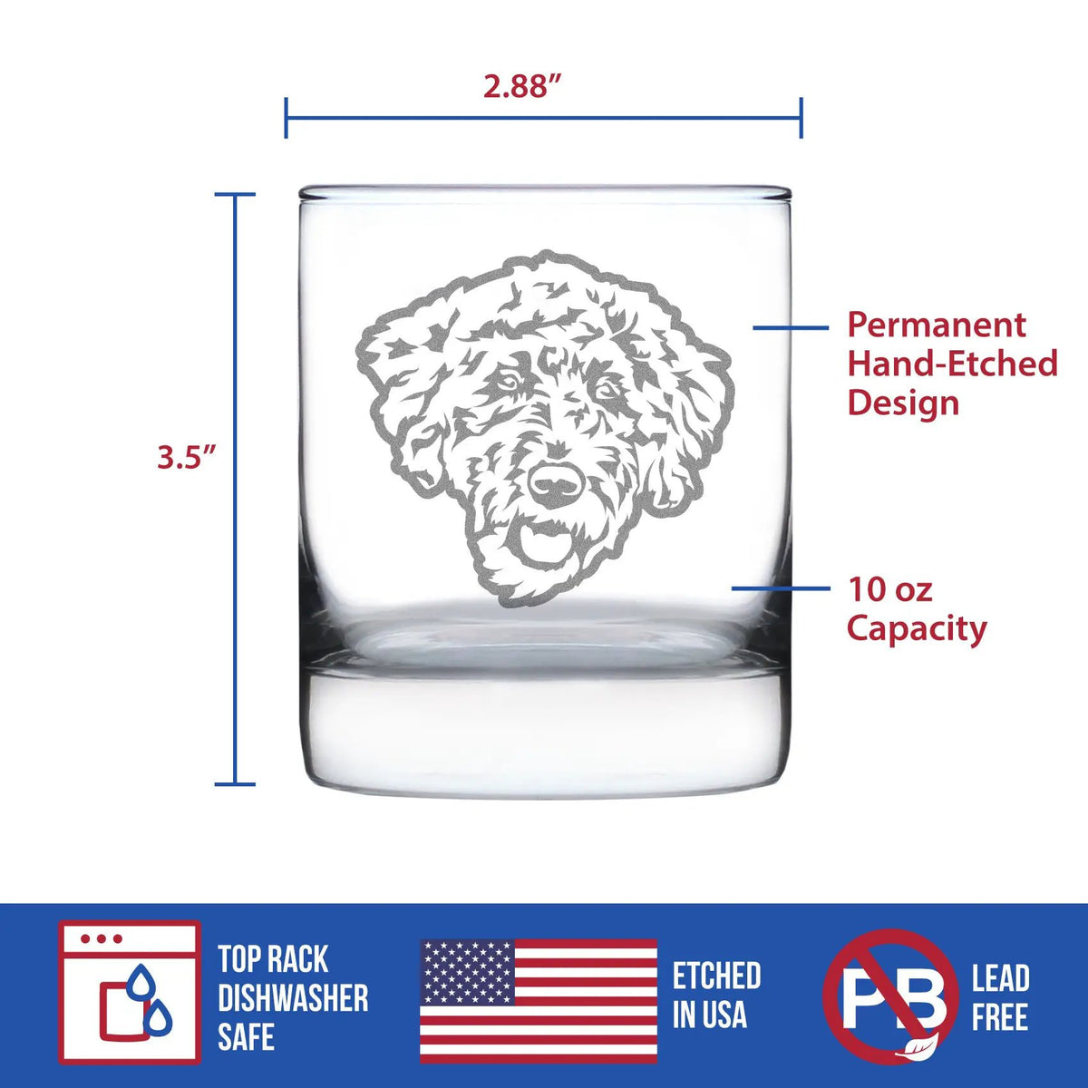 Labradoodle Face Whiskey Rocks Glass | 10 Oz | Hand Etched Design | Dishwasher Safe