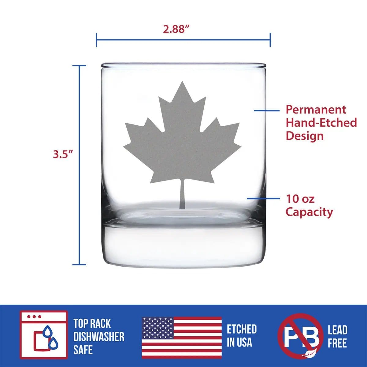 Etched Rocks Glass | 10.25 oz Whiskey Glass | Dishwasher Safe | Canada Maple Leaf