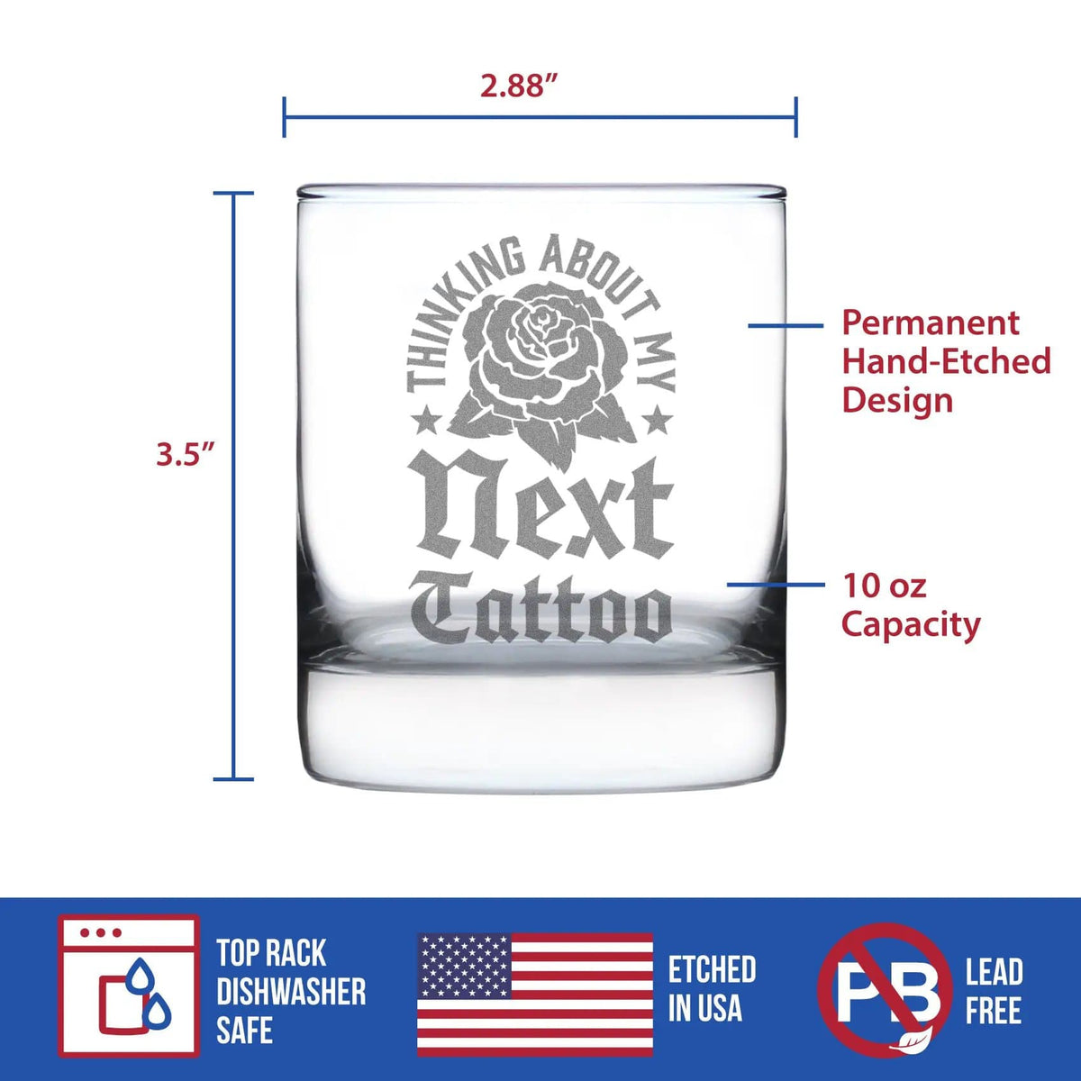 Etched Rocks Glass | 10.25 oz Whiskey Glass | Dishwasher Safe | Next Tattoo Engraved