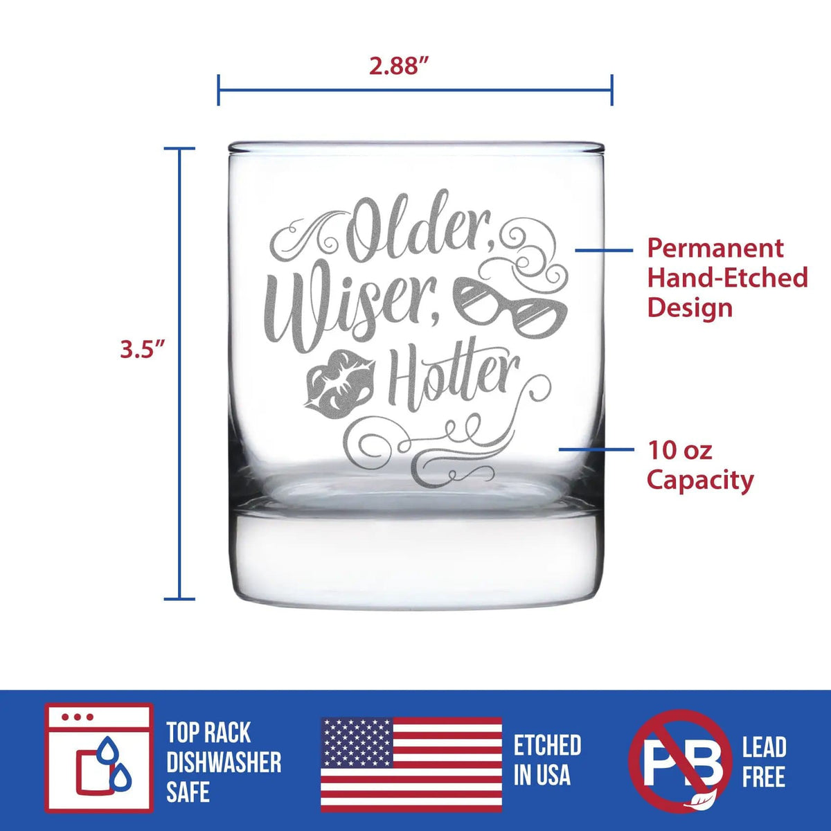 Etched Rocks Glass | 10.25 oz Whiskey Glass | Dishwasher Safe | Older Wiser Hotter Engraved
