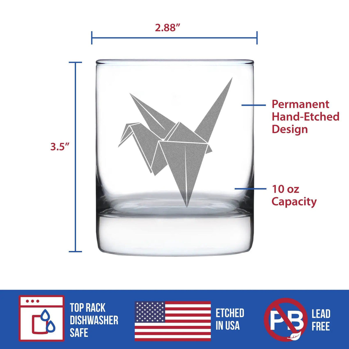 Etched Rocks Glass | 10.25 oz Whiskey Glass | Dishwasher Safe | Paper Crane Engraved