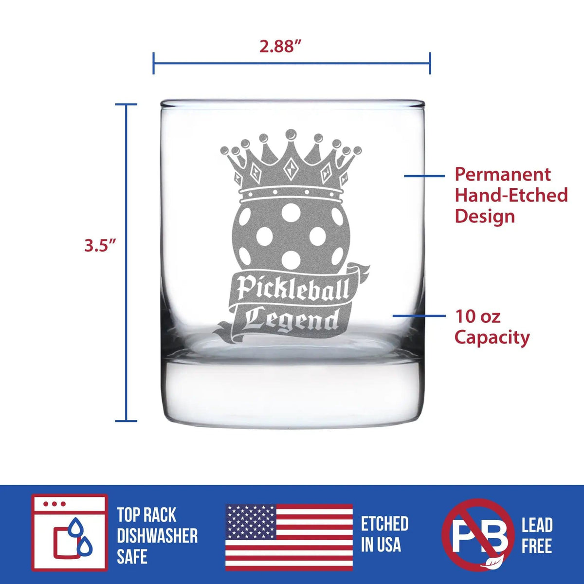 Etched Rocks Glass | 10.25 oz Whiskey Glass | Dishwasher Safe | Pickleball Legend Engraved