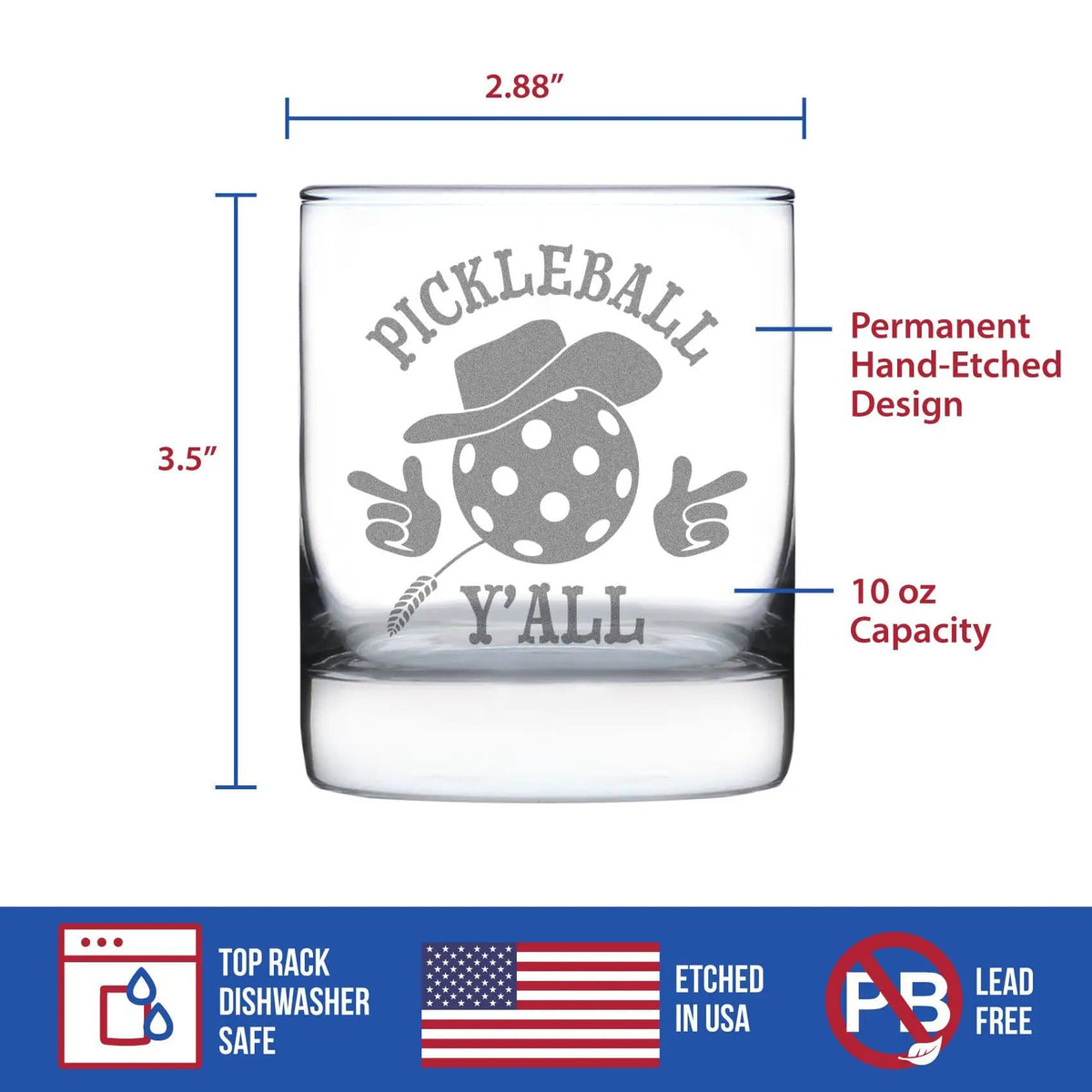 Etched Rocks Glass | 10.25 oz Whiskey Glass | Dishwasher Safe | Pickleball Y'all Engraved