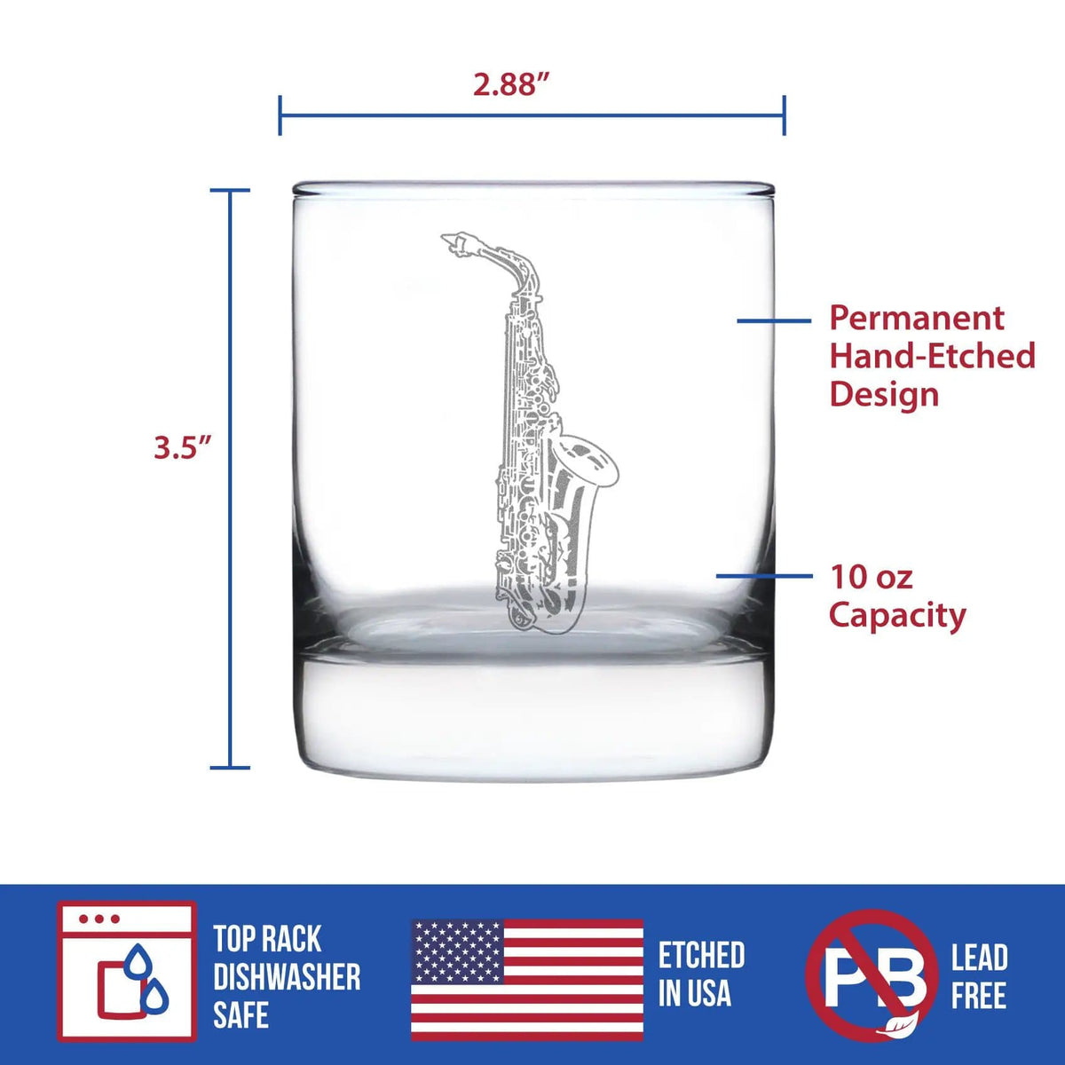 Etched Rocks Glass | 10.25 oz Whiskey Glass | Dishwasher Safe | Saxophone Engraved