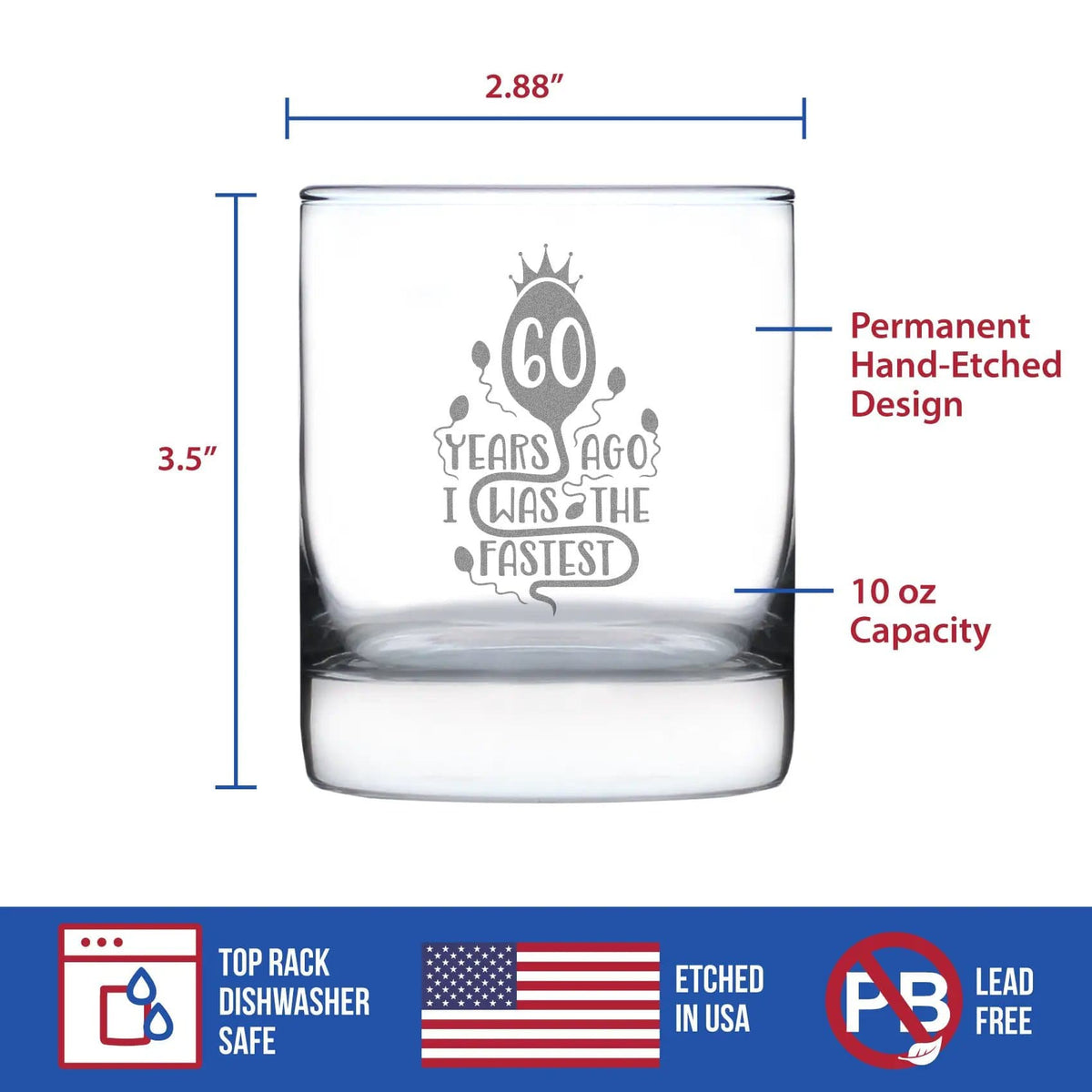 Etched Rocks Glass | 10.25 oz Whiskey Glass | Dishwasher Safe | 60 Years Ago I Was the Fastest