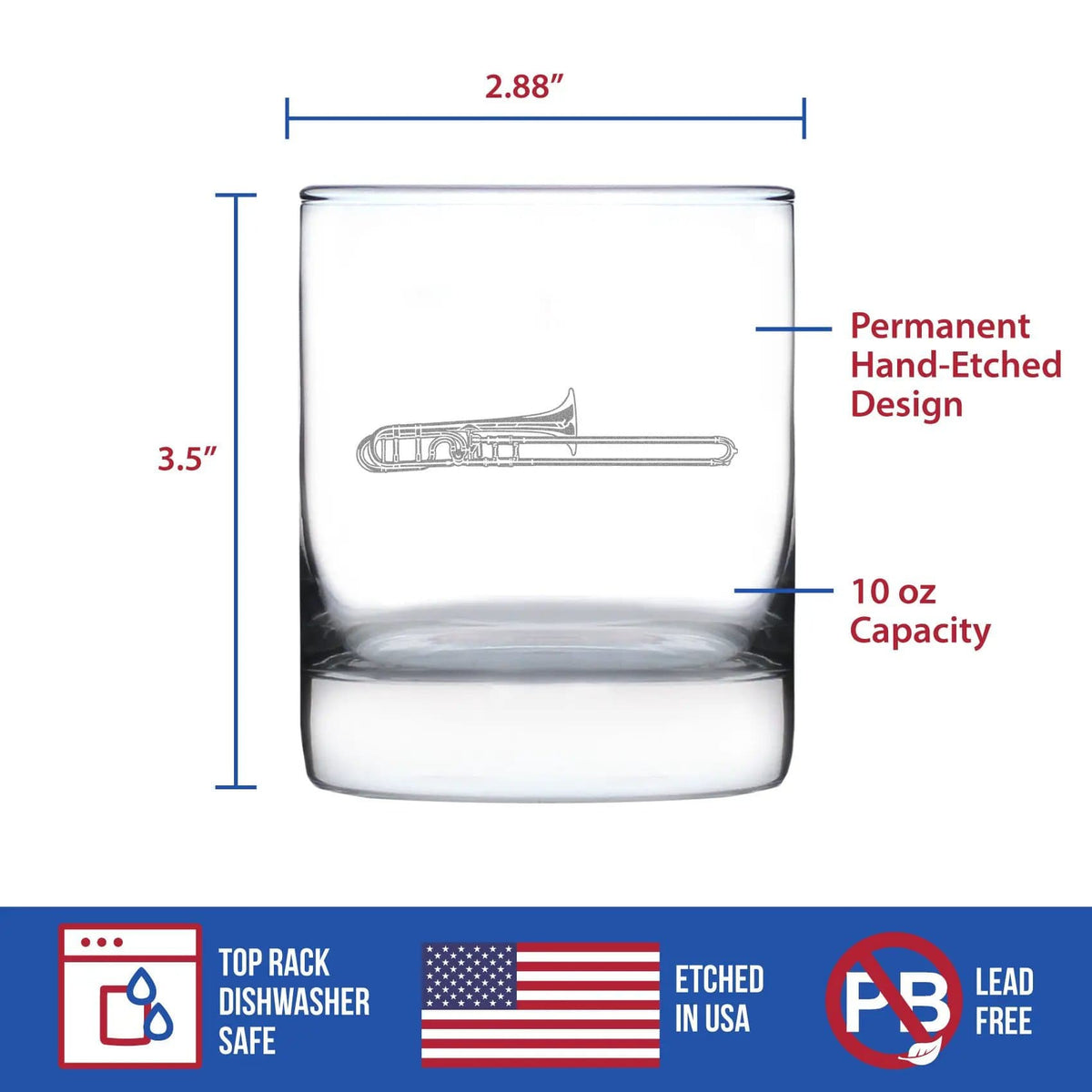 Etched Rocks Glass | 10.25 oz Whiskey Glass | Dishwasher Safe | Trombone Engraved