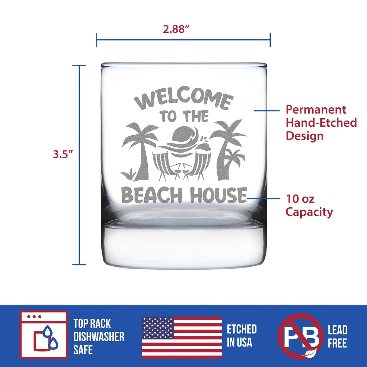Whiskey Rocks Glass | Welcome To Beach House | Hand Etched 10 Oz
