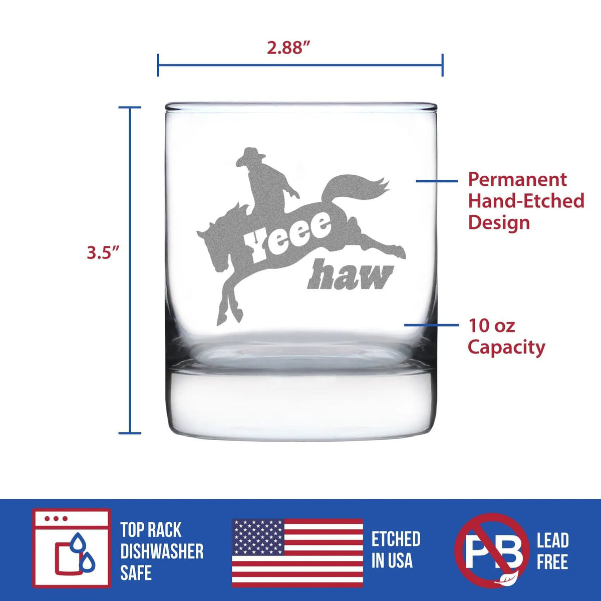 Etched Rocks Glass | 10.25 oz Whiskey Glass | Dishwasher Safe | Yeehaw Engraved