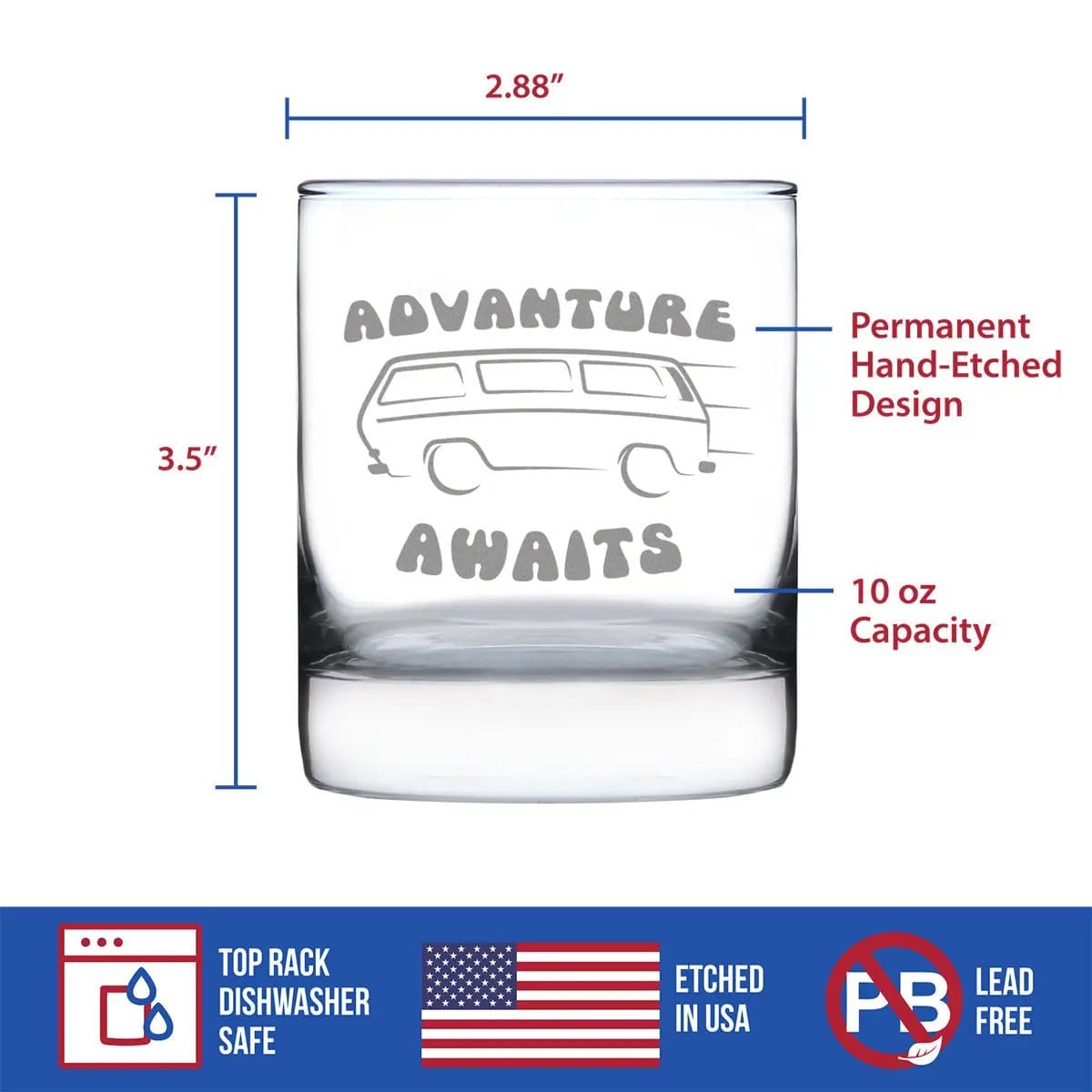 Etched Rocks Glass | 10 oz Whiskey Glass | Dishwasher Safe | Advanture Awaits