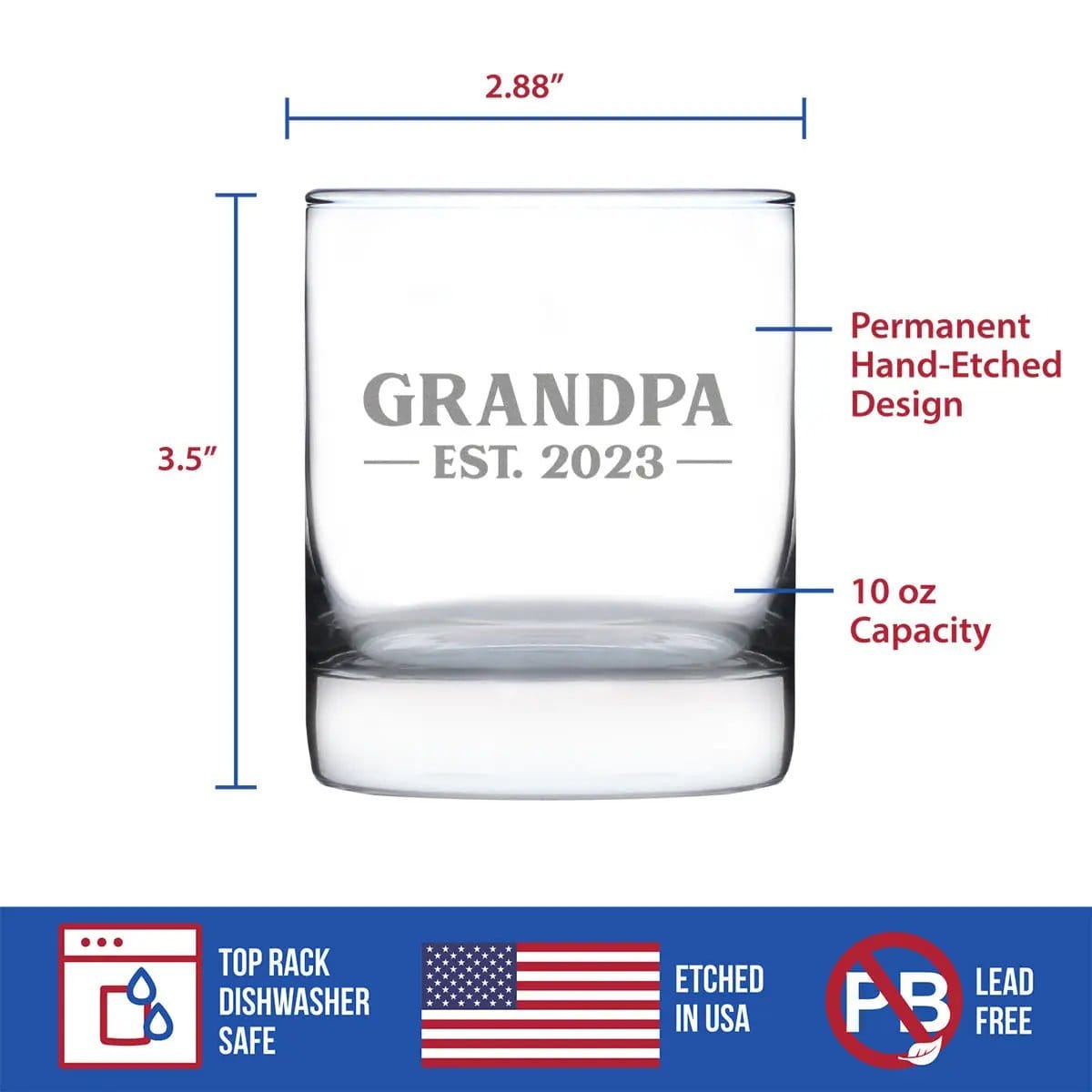 Etched Rocks Glass | 10 oz Whiskey Glass | Dishwasher Safe | Grandpa Est. 2023 - Bold