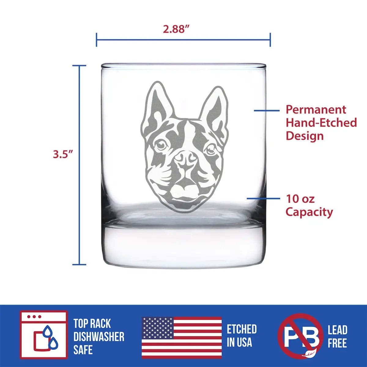 Etched Rocks Glass | 10.25 oz Whiskey Glass | Dishwasher Safe | Boston Terrier Face