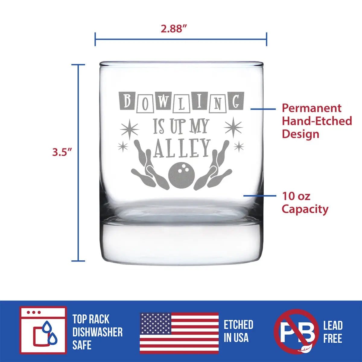 Etched Rocks Glass | 10.25 oz Whiskey Glass | Dishwasher Safe | Bowling Alley Is Up My Alley